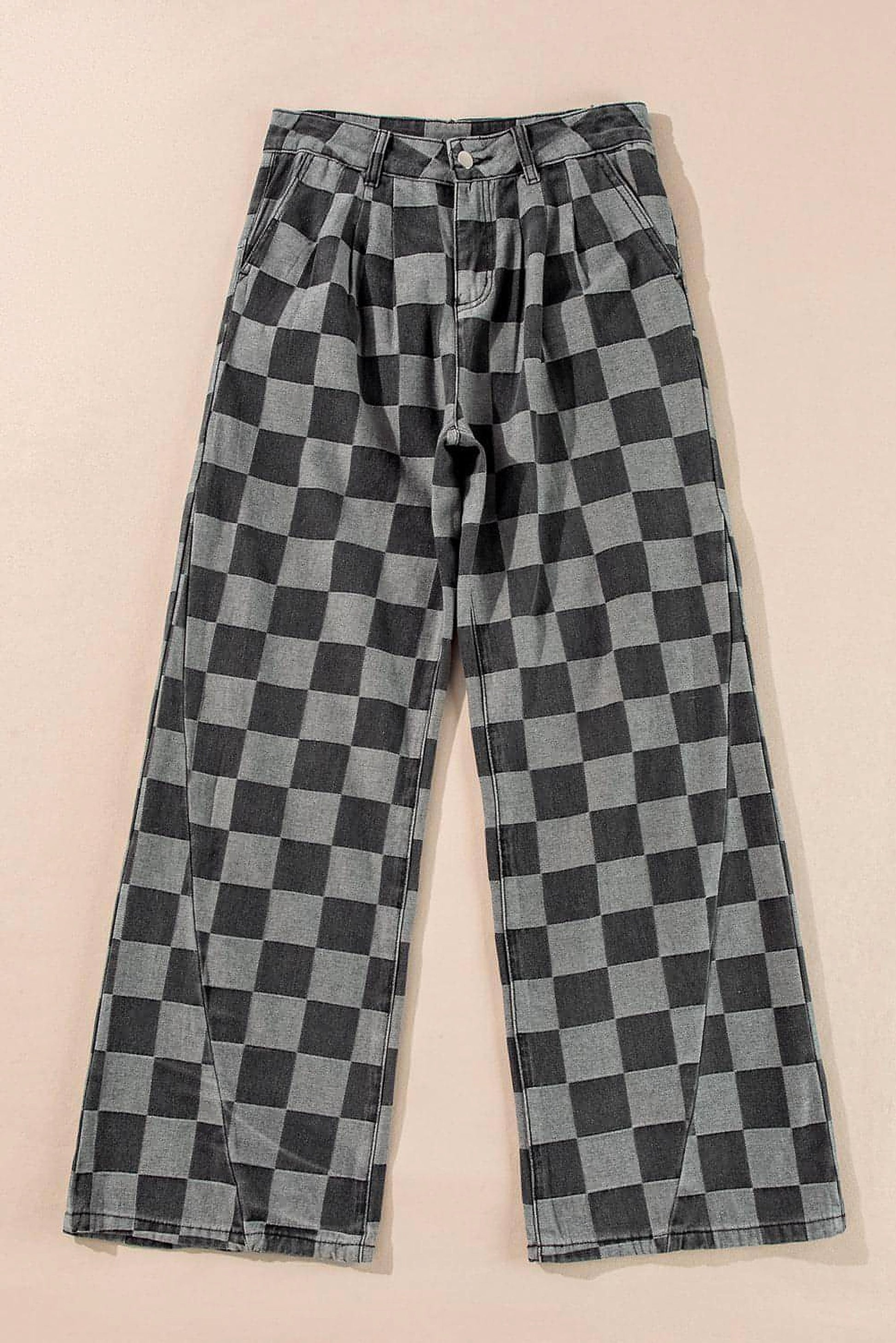 Dark Grey Checkered Denim Wide Leg Jeans - enhanced image 3
