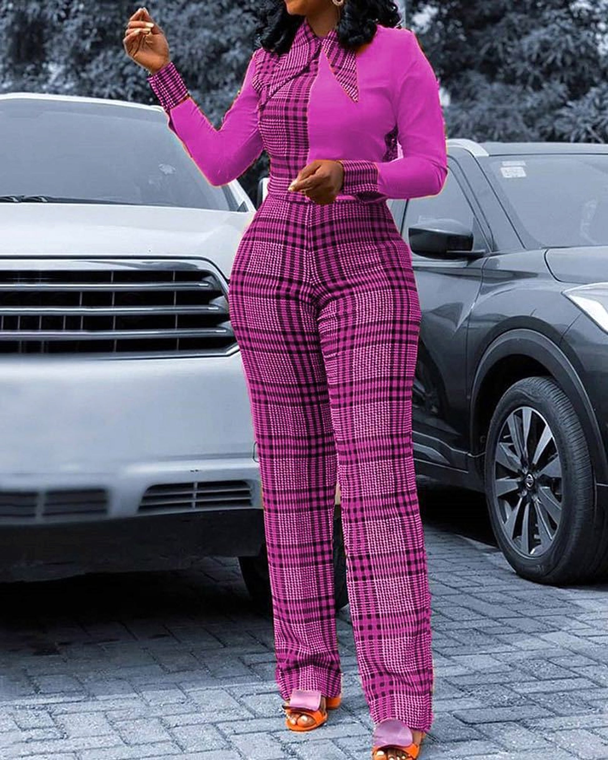 Digital Printing Check Stitching Jumpsuit - enhanced image 3