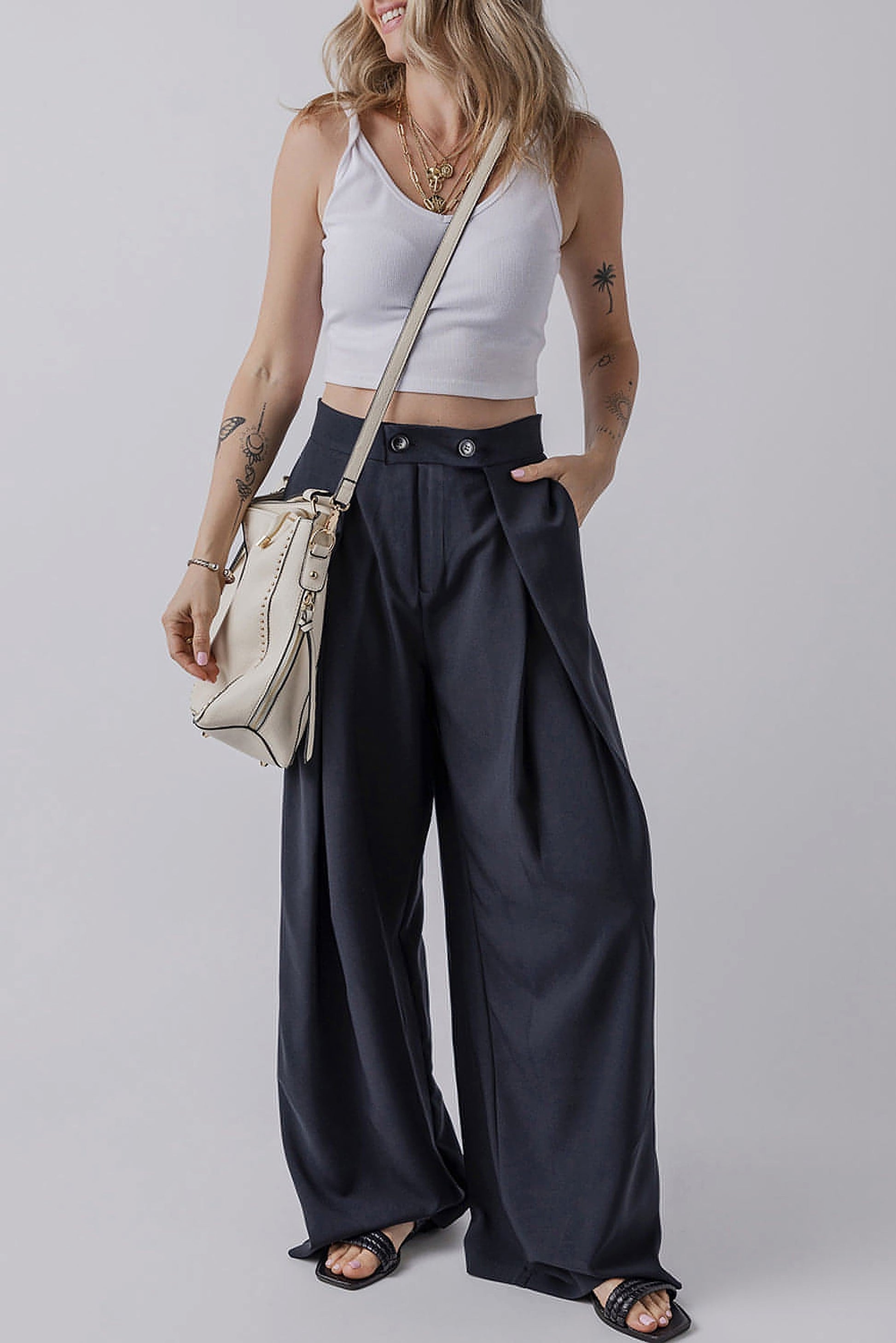 Dirty blue Dual Buttoned High Waist Pleated Wide Leg Pants - enhanced image 3
