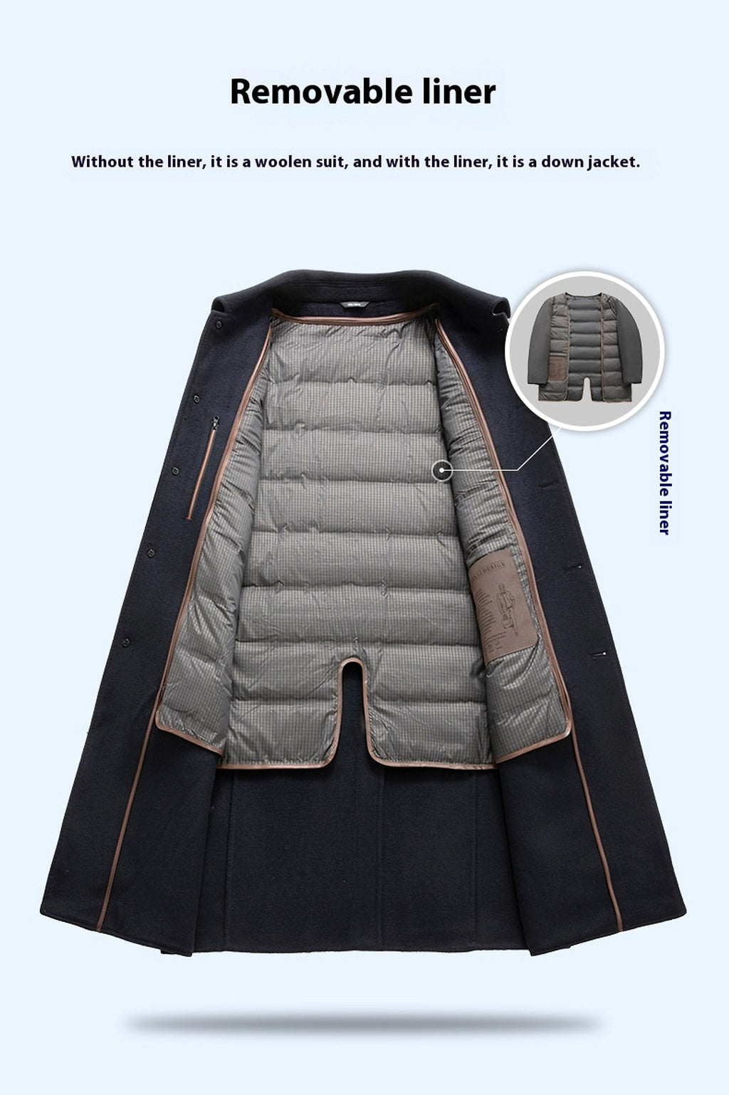 Double-sided Wool Overcoat Men's Winter Down Feather Liner High-end Long Business - enhanced image 3