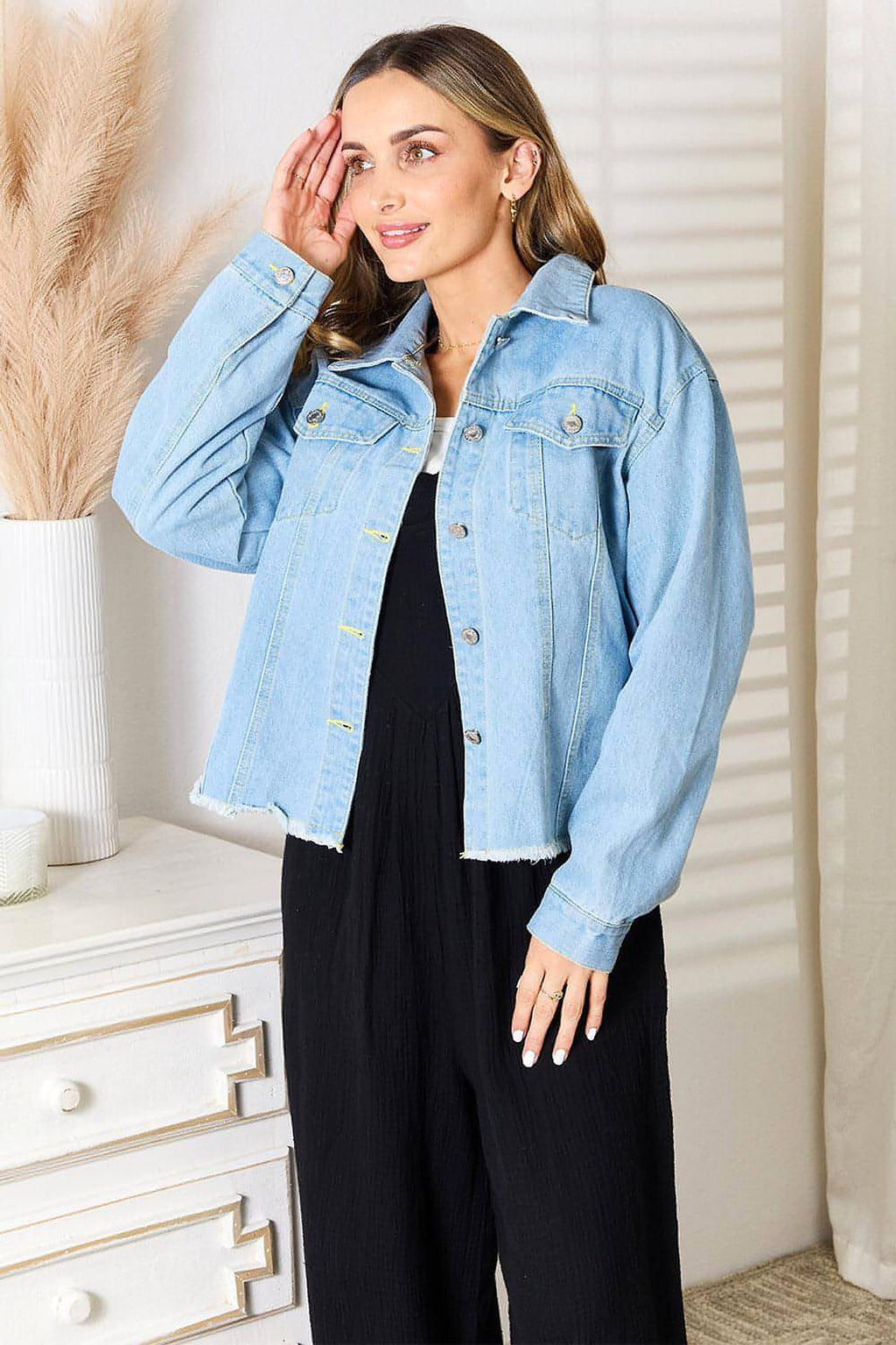 Double Take Dropped Shoulder Raw Hem Denim Jacket - enhanced image 3