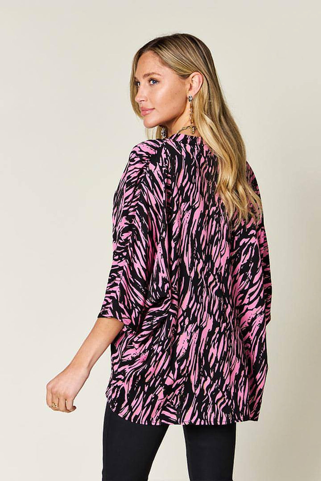 Double Take Full Size Printed Notched Three-Quarter Sleeve Blouse - enhanced image 3