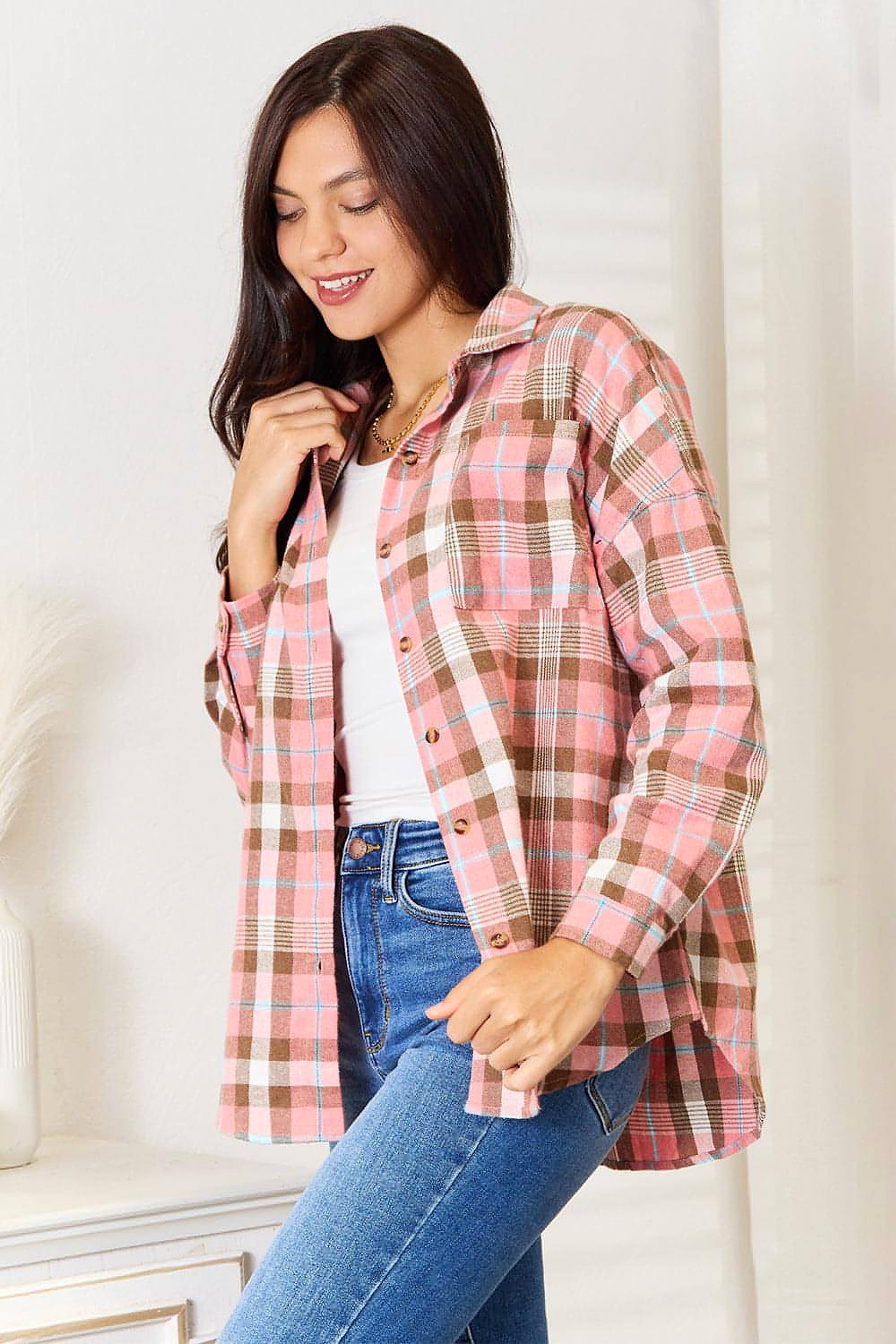 Double Take Plaid Collared Neck Long Sleeve Button-Up Shirt - enhanced image 3