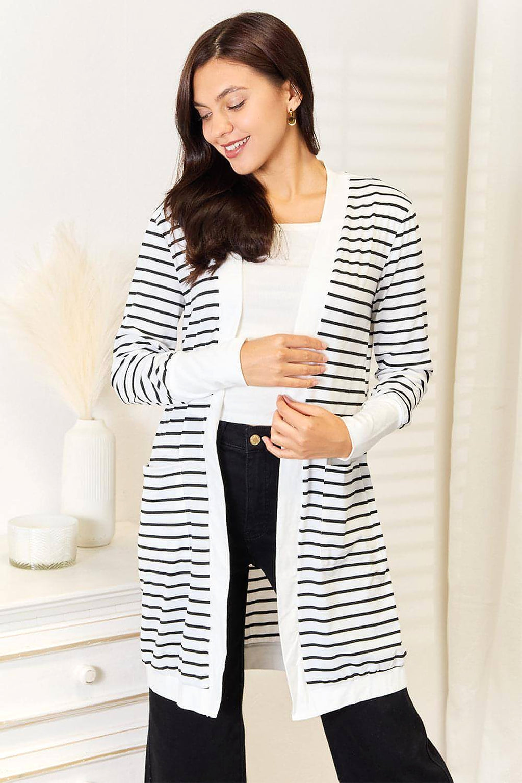 Double Take Striped Open Front Longline Cardigan - enhanced image 3