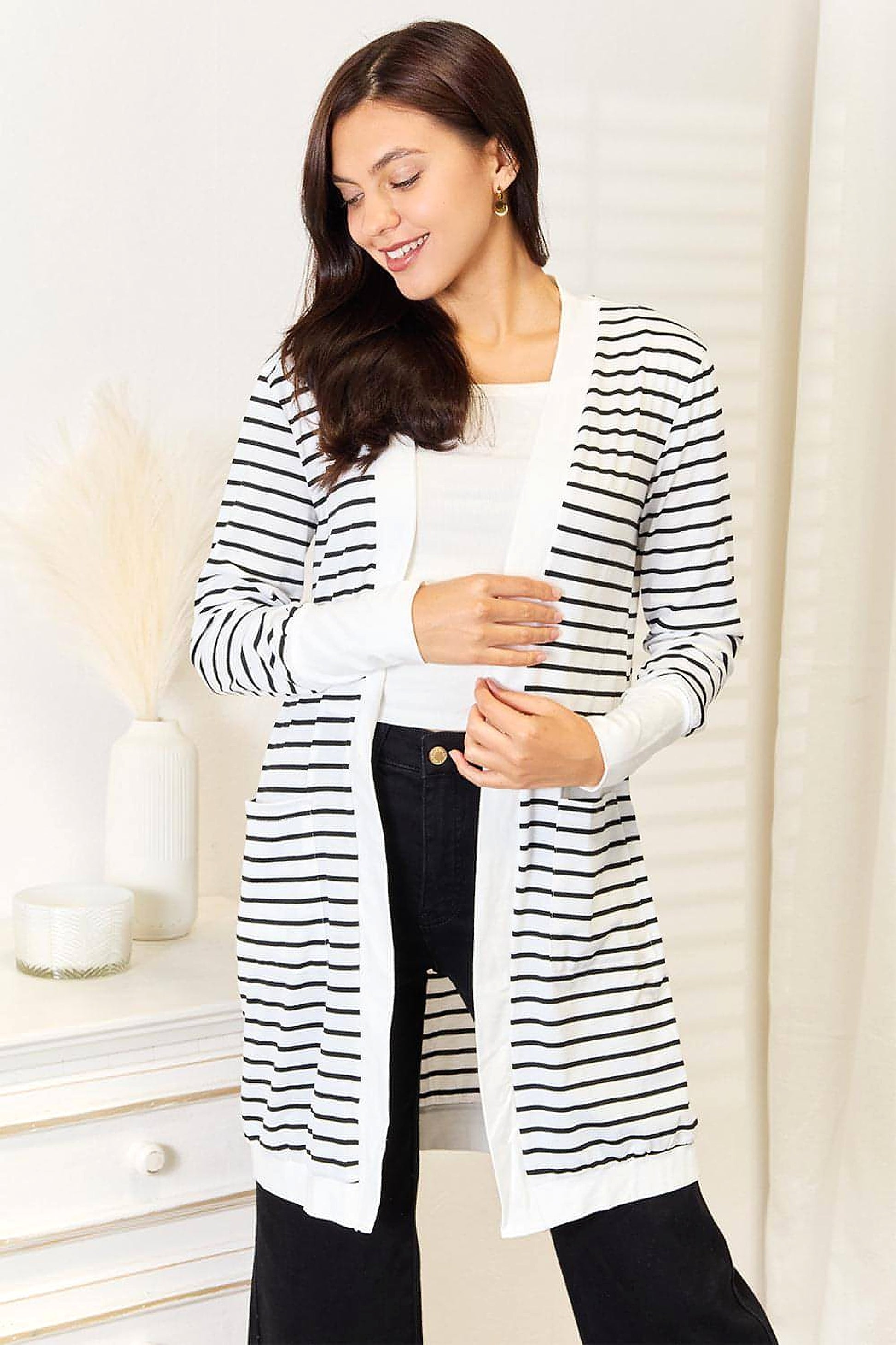 Double Take Striped Open Front Longline Cardigan - enhanced image 3
