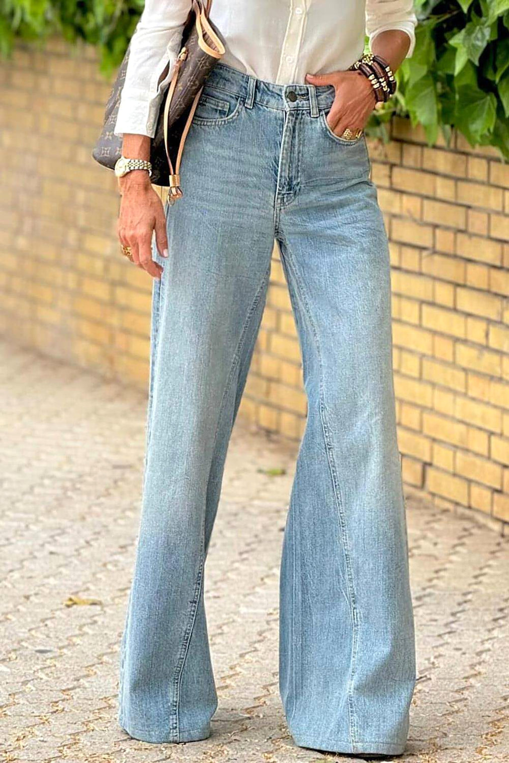 Dusk Blue Acid Wash Extra Wide Leg High Waist Long Jeans. - enhanced image 3