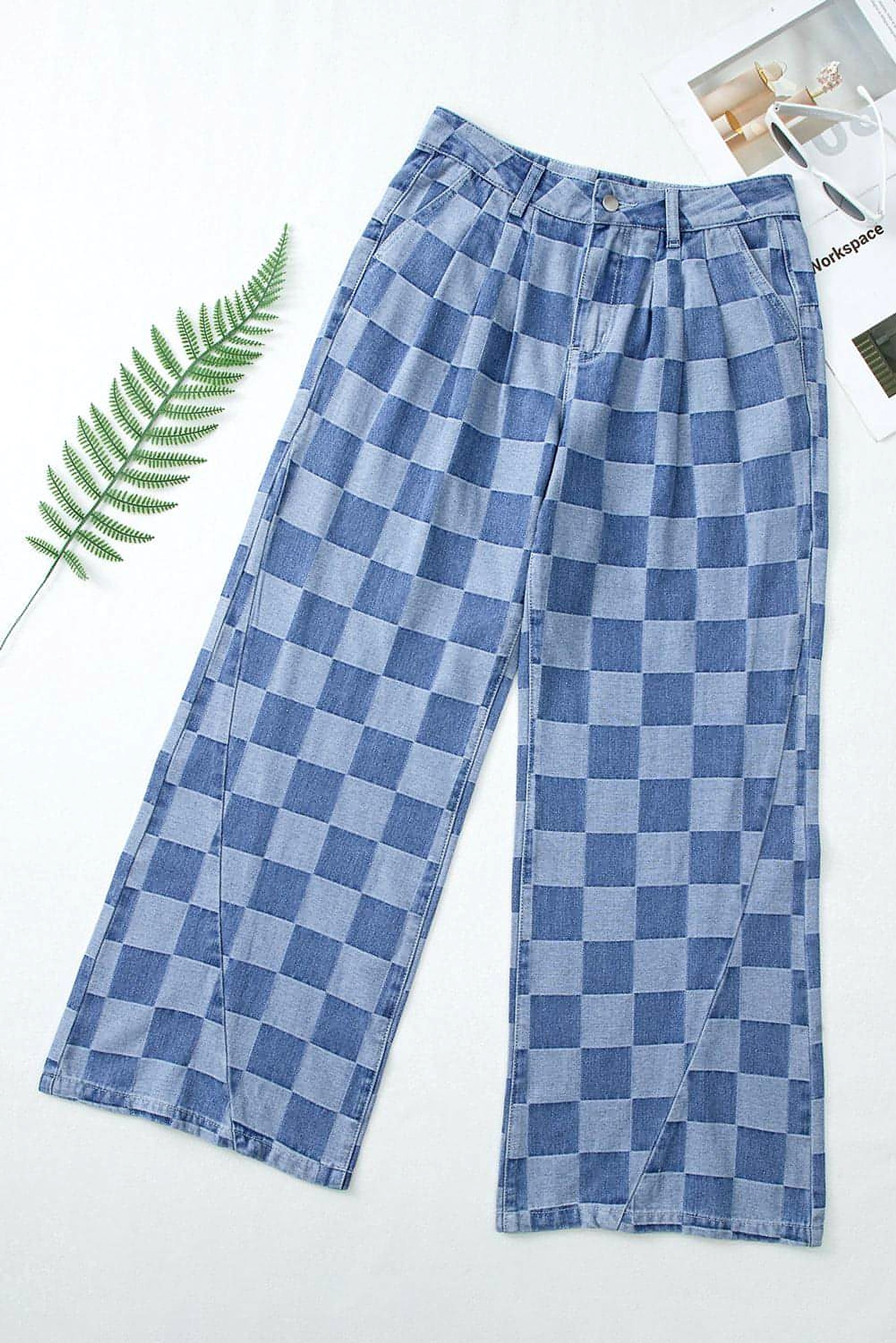 Dusk Blue Checkered Denim Wide Leg Jeans - enhanced image 3