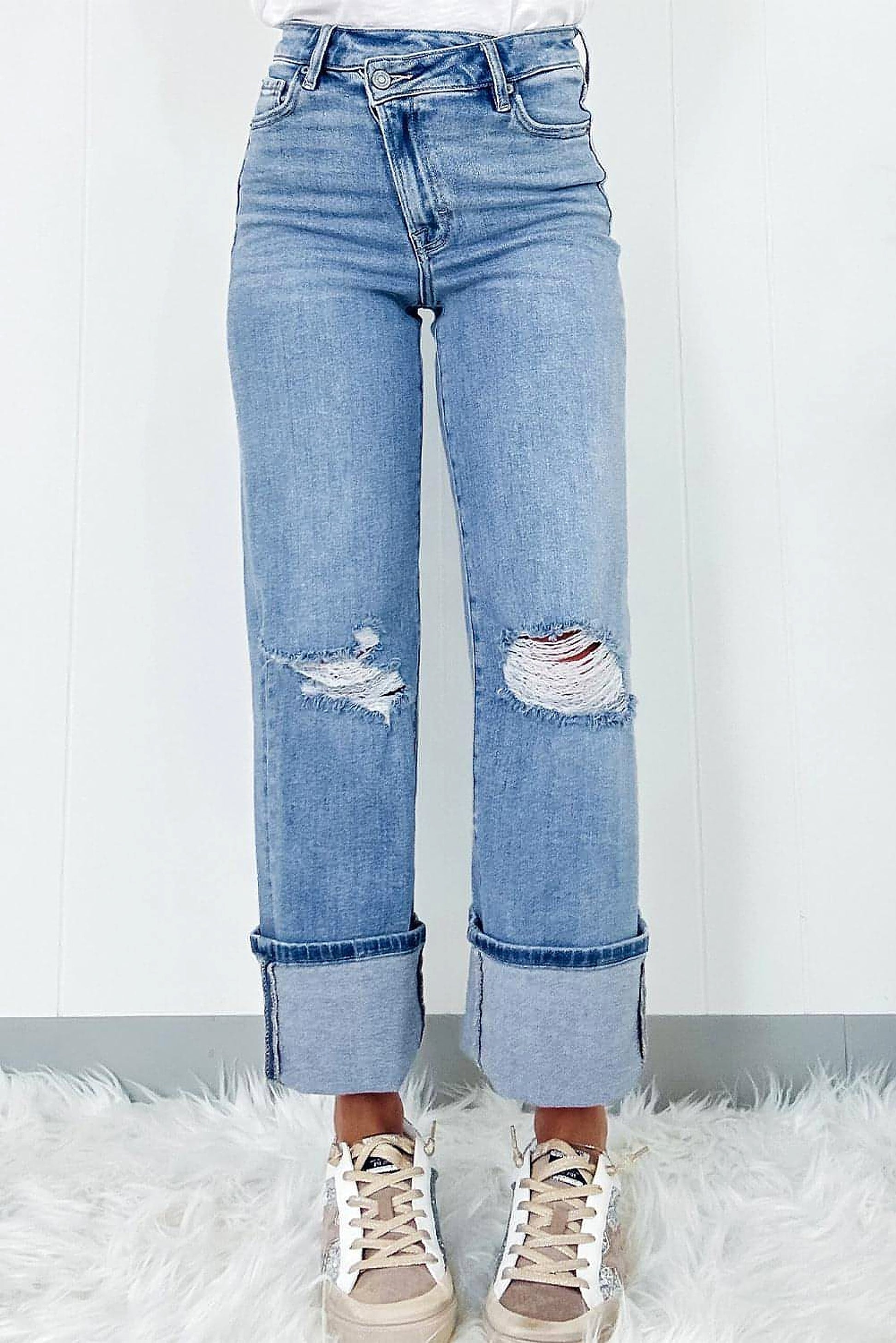Dusk Blue High Rise Asymmetric Button Zip Fly Ripped Jeans - enhanced image 3