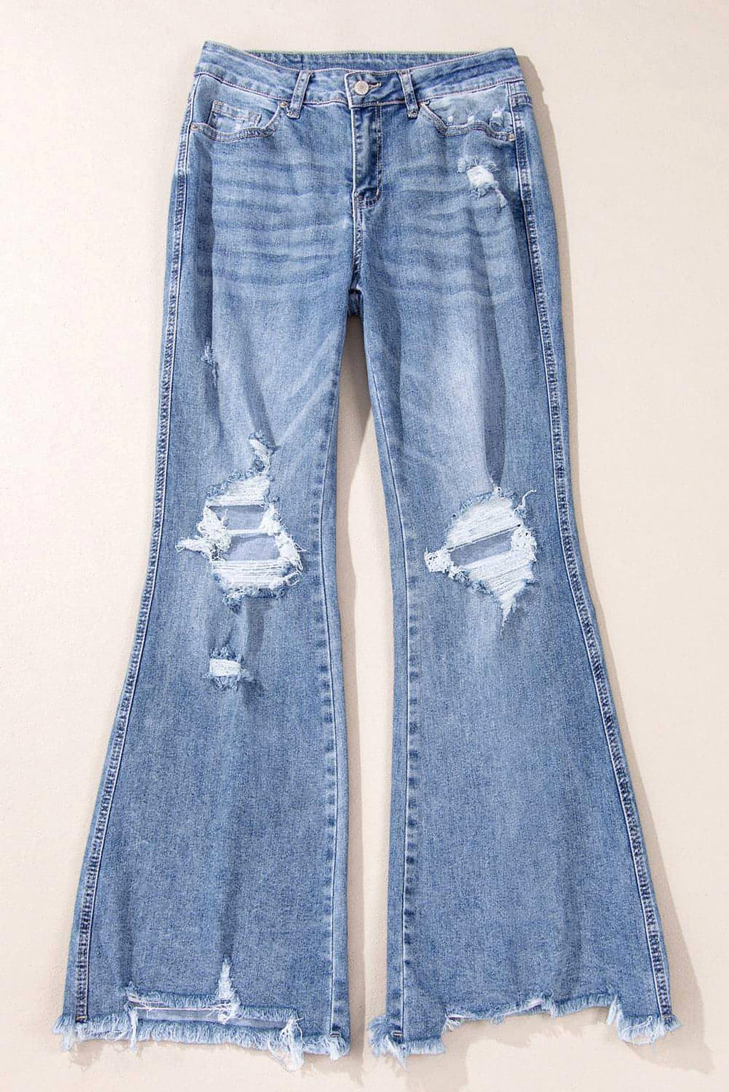 Dusk Blue High Rise Ripped Distressed Hem Flared Jeans - enhanced image 3