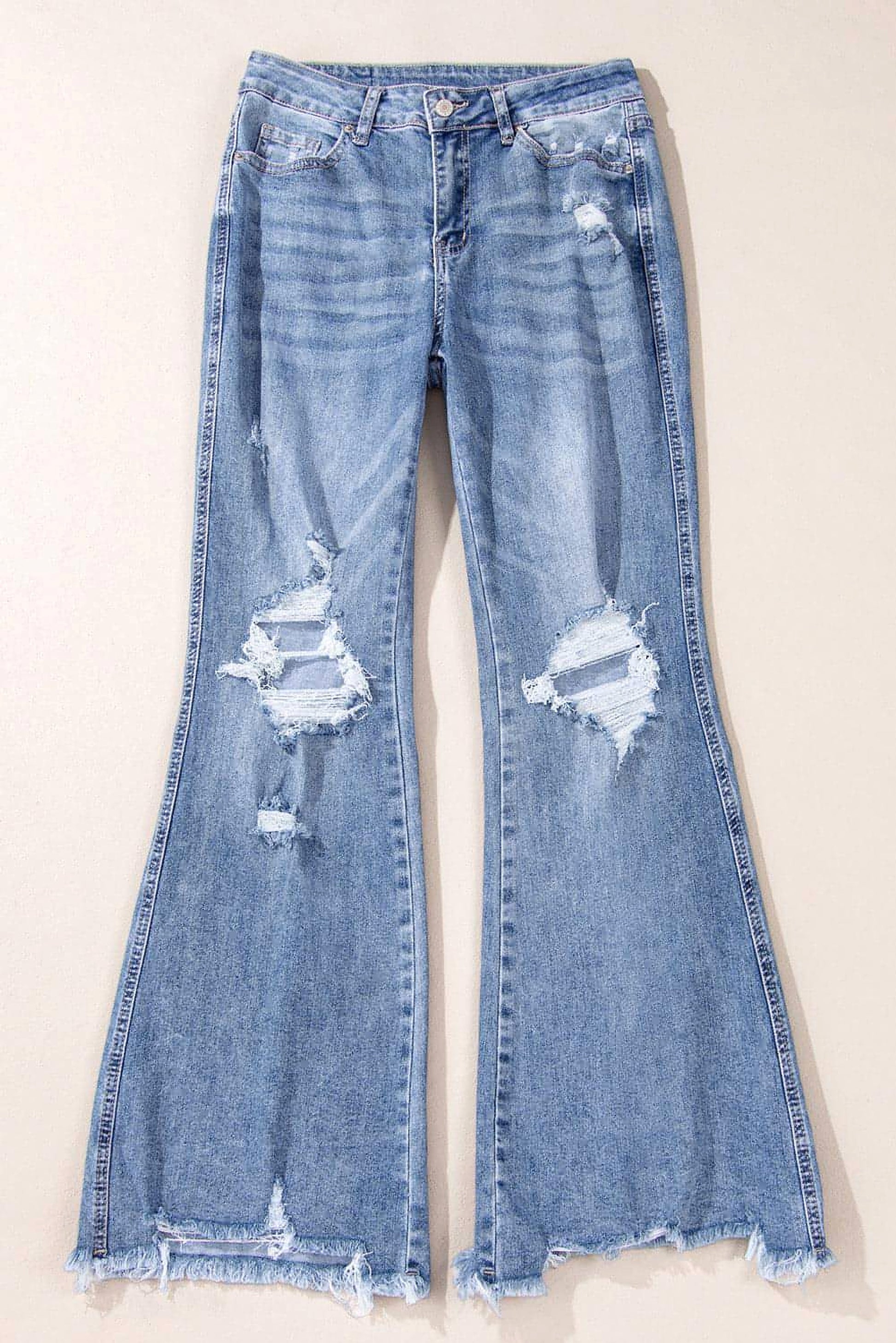 Dusk Blue High Rise Ripped Distressed Hem Flared Jeans - enhanced image 3
