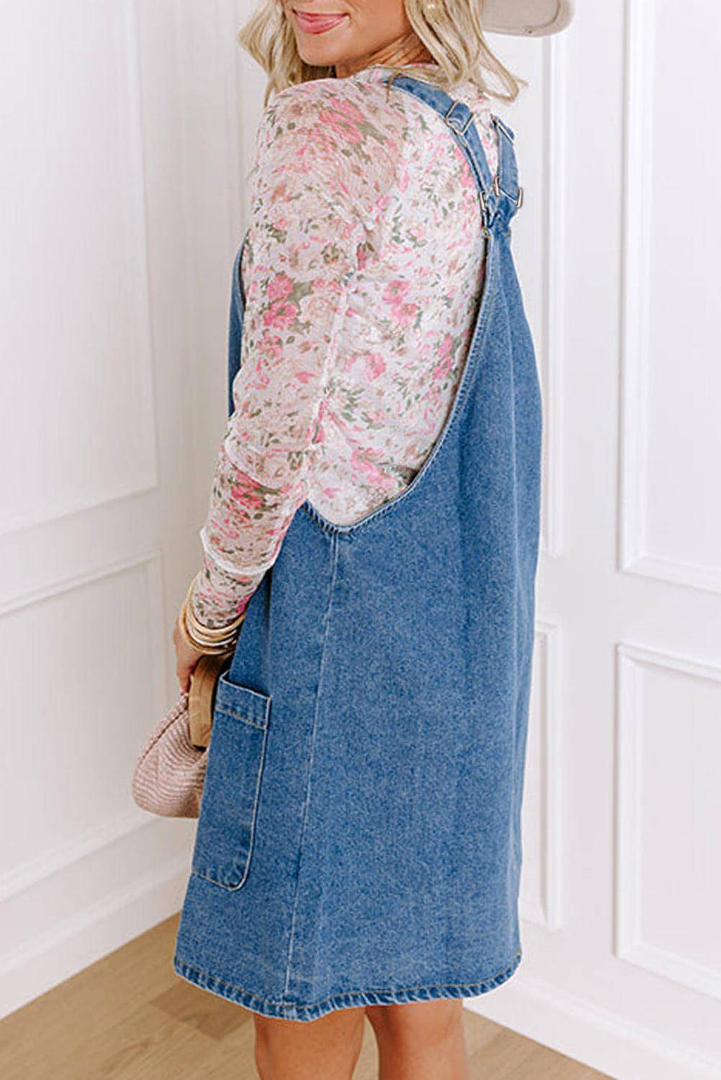 Dusk Blue Wide Strap Button Front Pocketed Denim Mini Dress - enhanced image 3