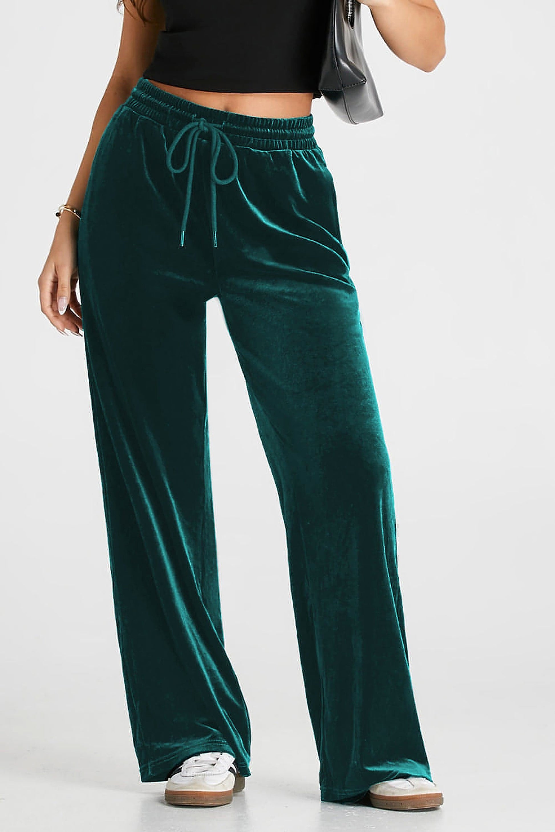 Evergreen Solid Drawstring Waist Wide Leg Pants - enhanced image 3