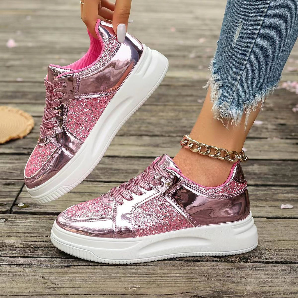Fashion Lace-up Flat Shoes With Sequin Design Casual Sports Thick Bottom Round Toe Shoes For Women Non-slip Walking Sneakers - enhanced image 3