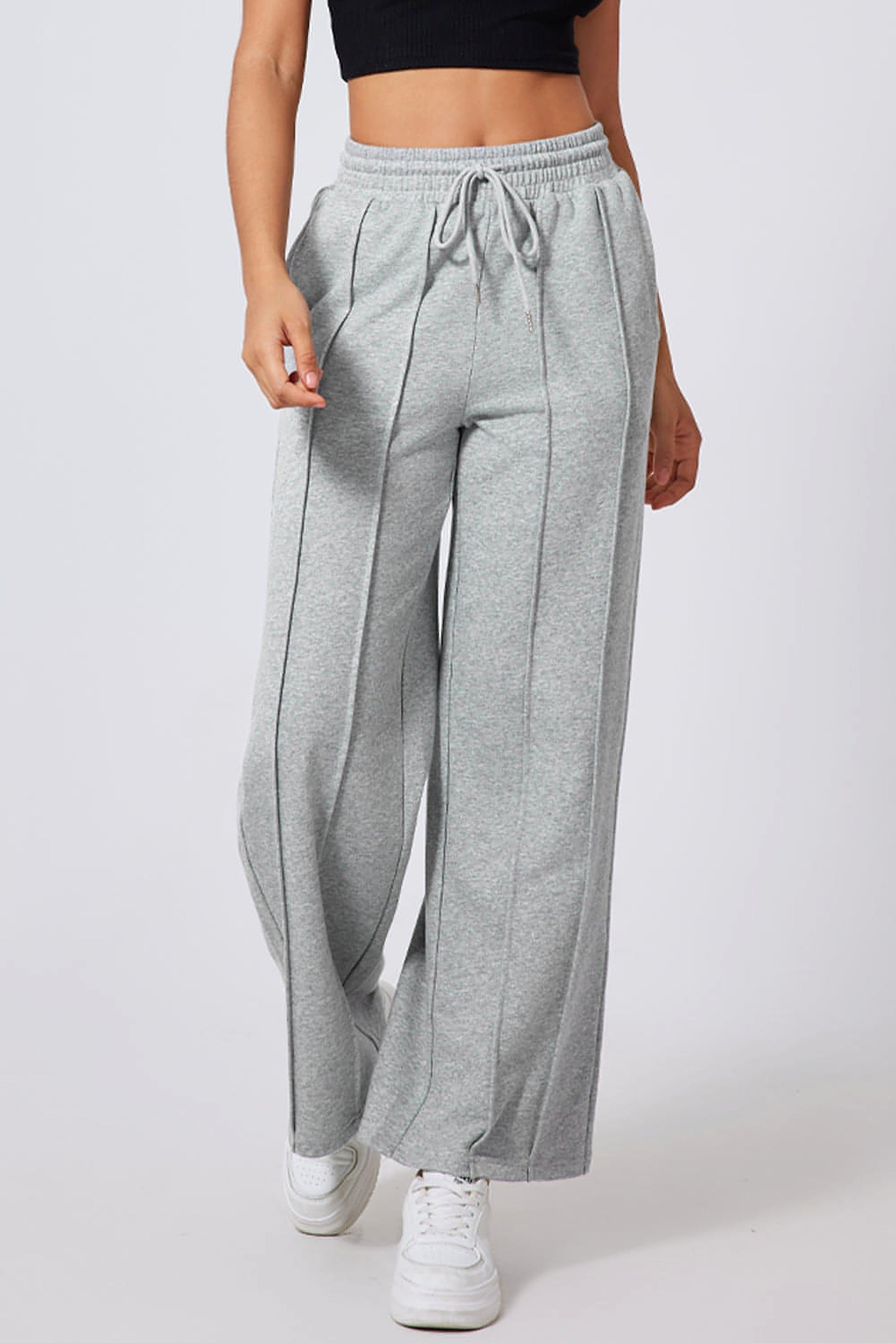Gray Seamed Drawstring High Waist Wide Leg Sweatpants - enhanced image 3