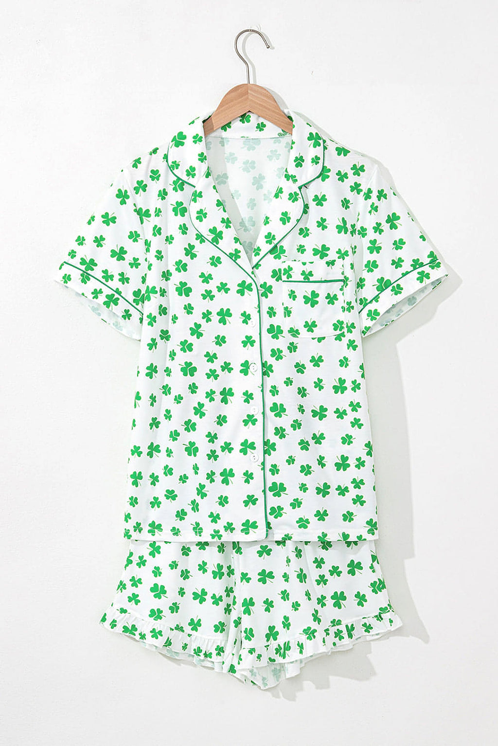 Green Clover Printed Short Sleeve and Ruffled Shorts Pajama Set - enhanced image 3