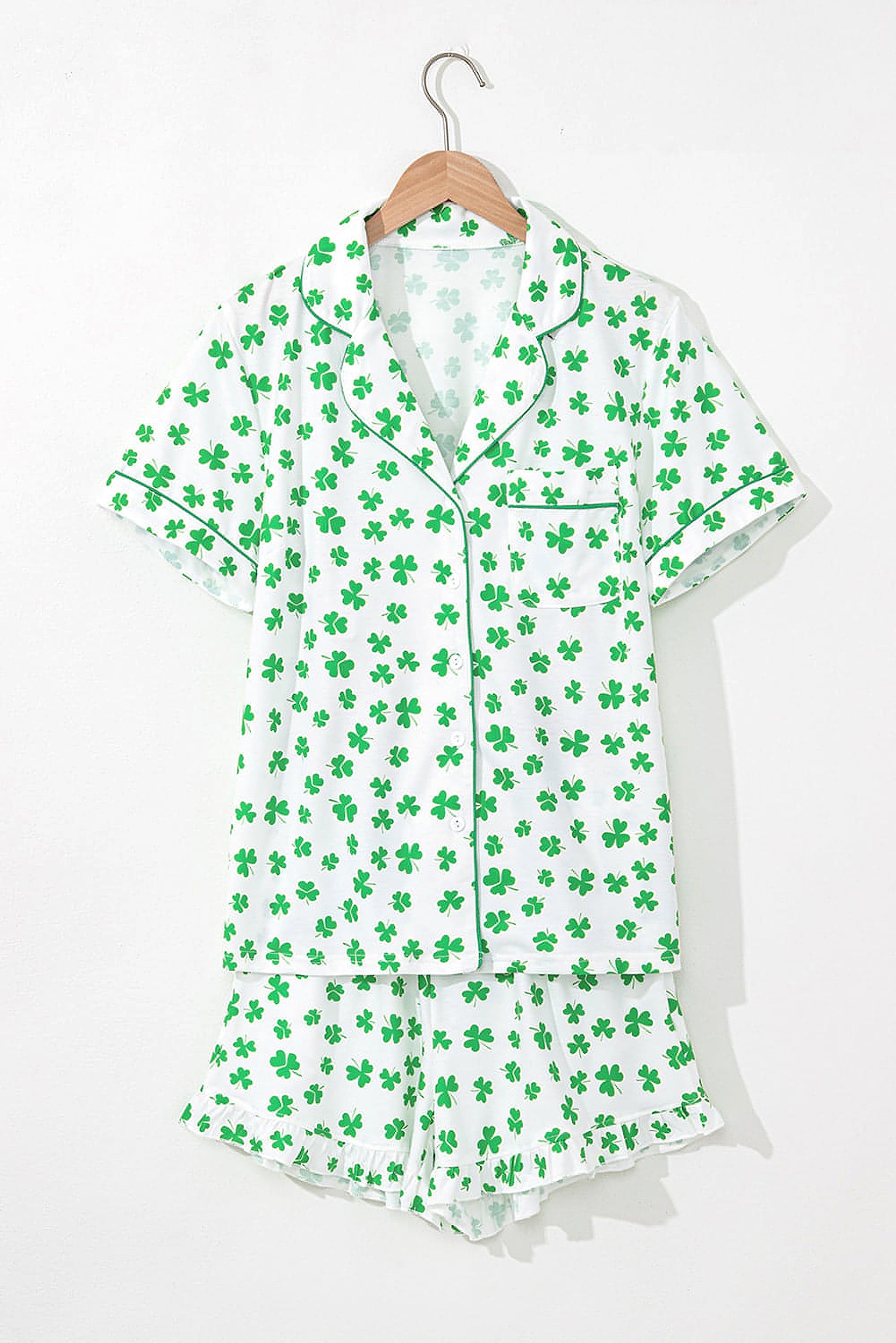 Green Clover Printed Short Sleeve and Ruffled Shorts Pajama Set - enhanced image 3