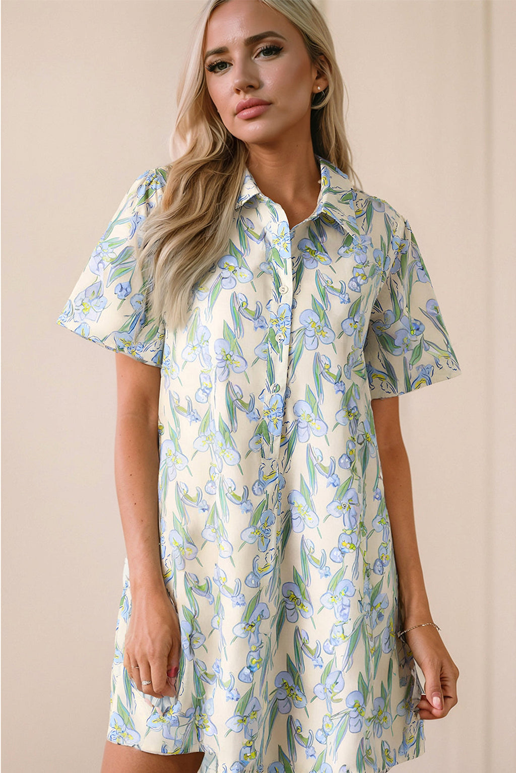 Green Floral Print Shirtcollar Buttoned Short Sleeve Shift Dress - enhanced image 3