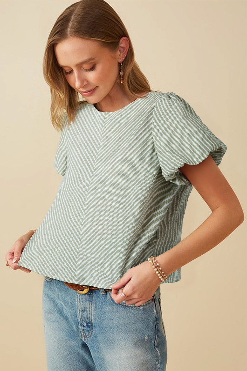 Green Stripe Textured Round Neck Short Puff Sleeve Blouse - enhanced image 3