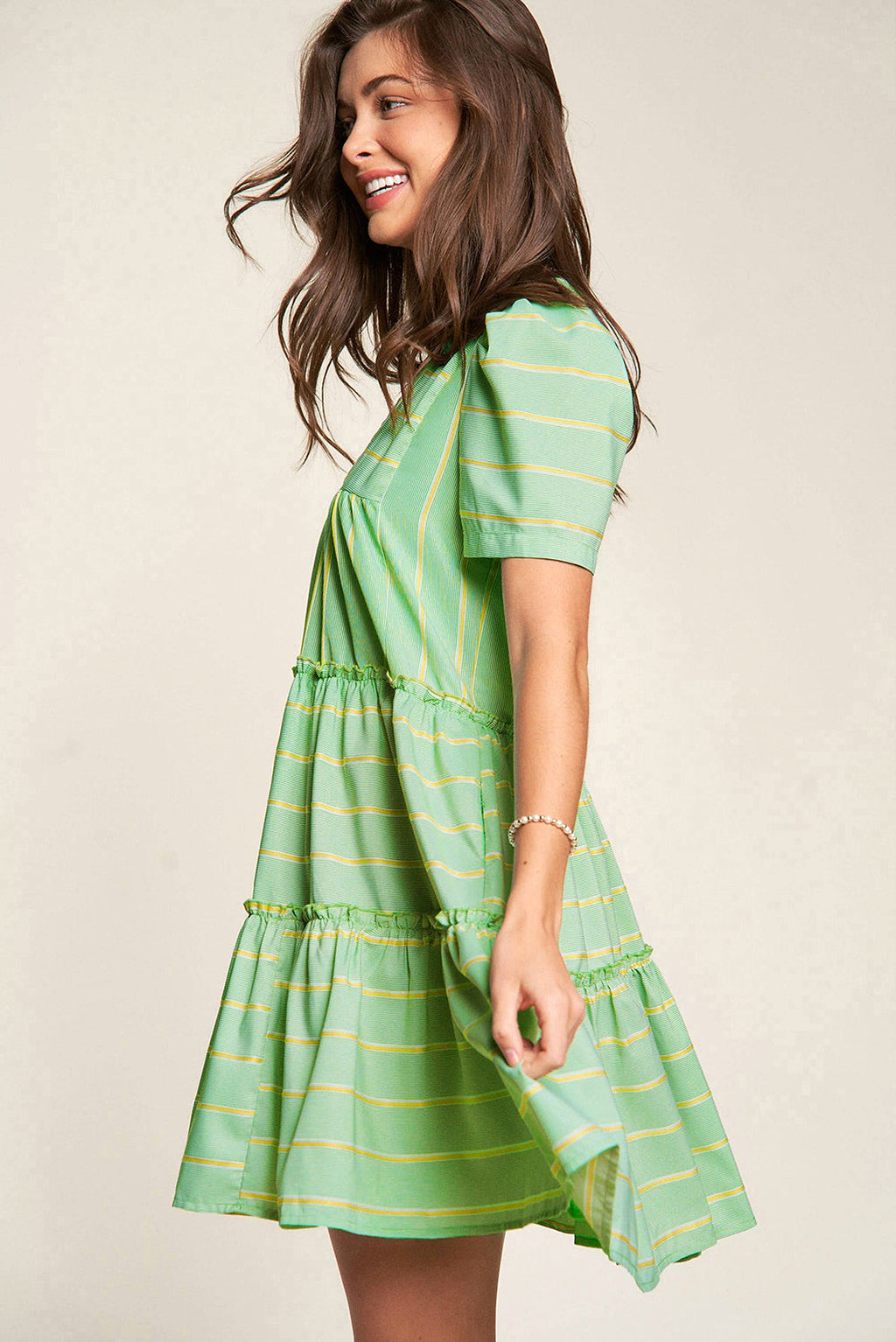 Green Stripe V Neck Short Sleeve Frilled Detail A-line Dress - enhanced image 3