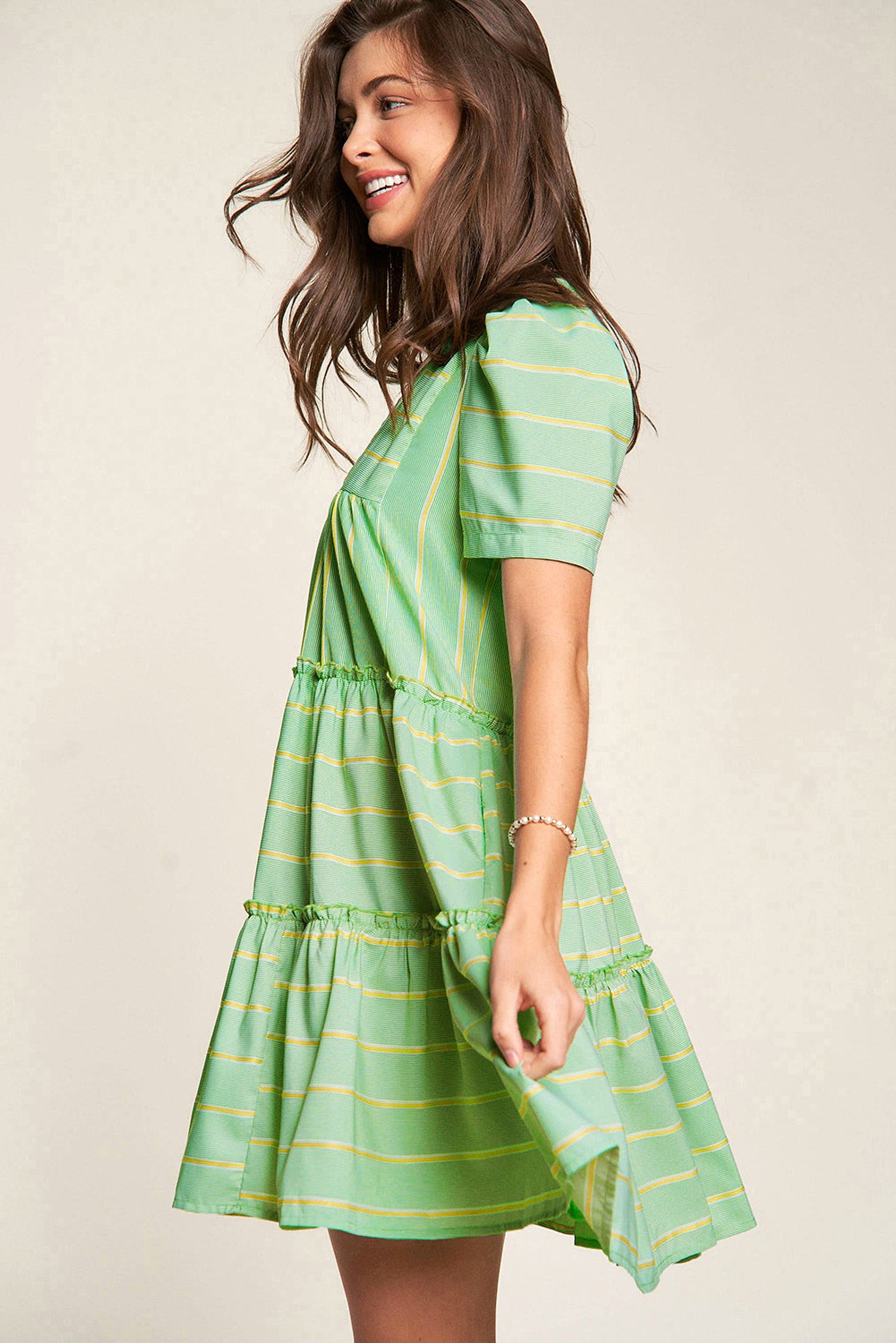 Green Stripe V Neck Short Sleeve Frilled Detail A-line Dress - enhanced image 3