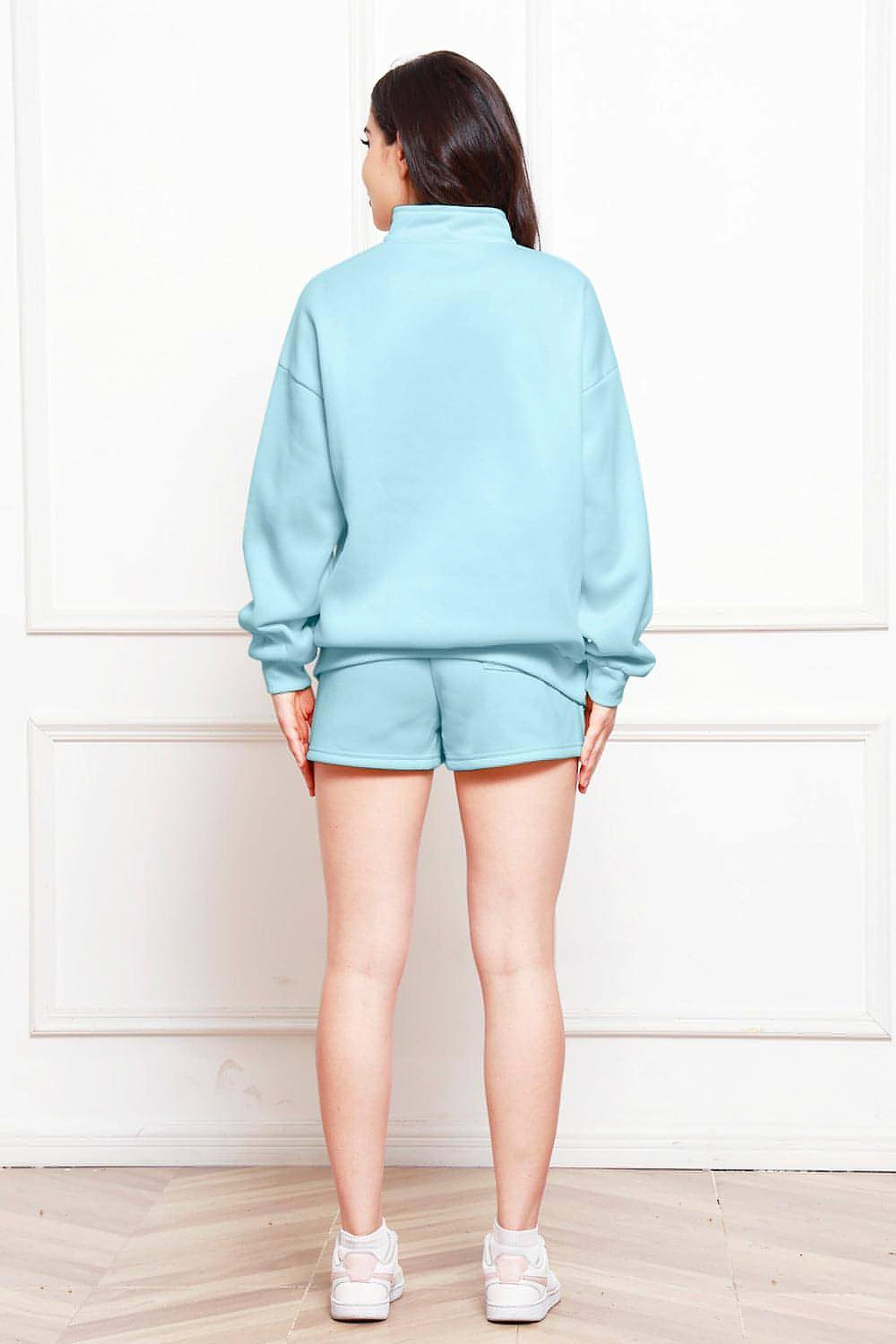 Half Zip Long Sleeve Sweatshirt and Drawstring Shorts Set - enhanced image 3
