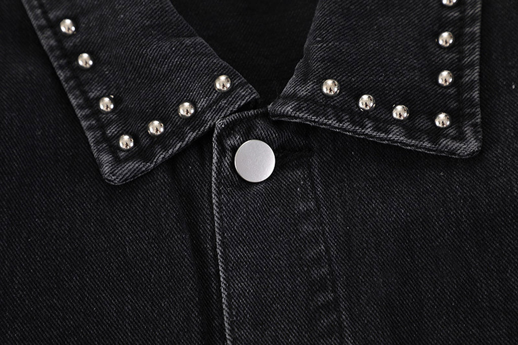 Heavy Beaded Black Denim Jacket For Men And Women - enhanced image 3