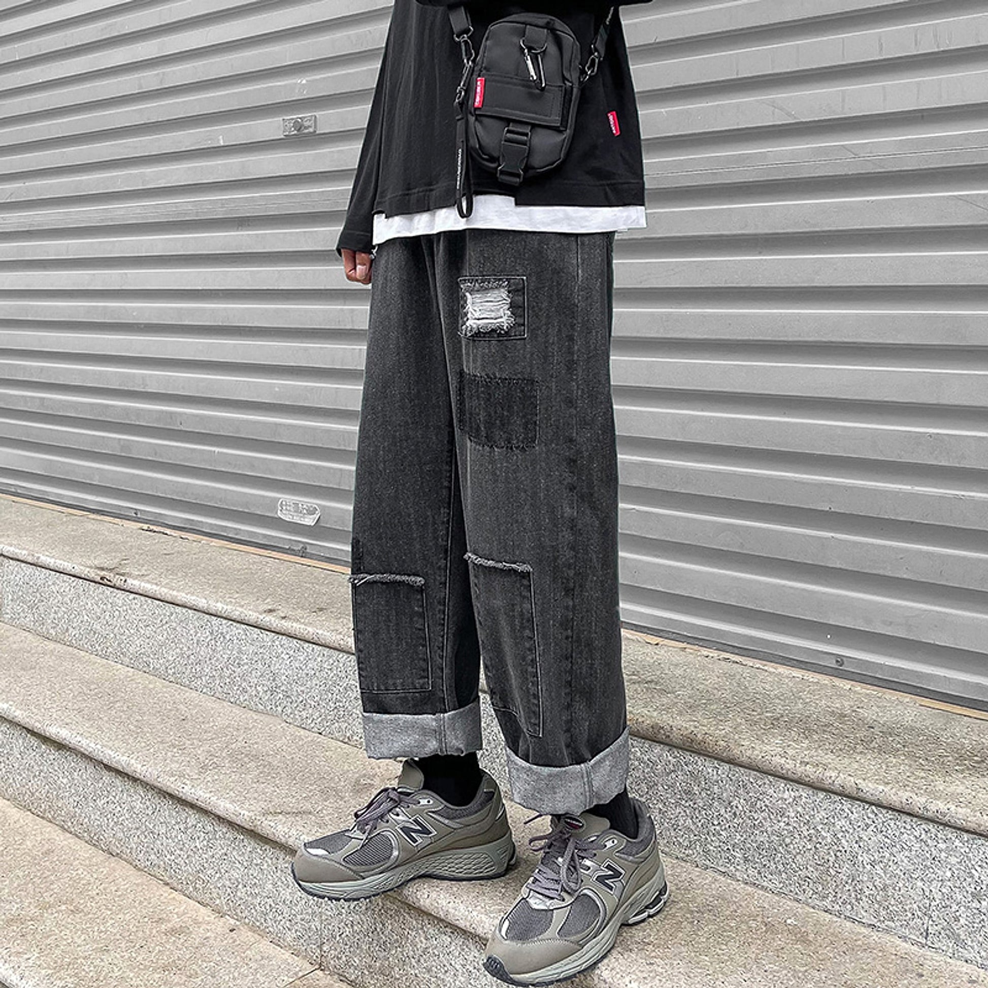 High Street Trousers Ripped Jeans Men Loose Straight Leg - enhanced image 3
