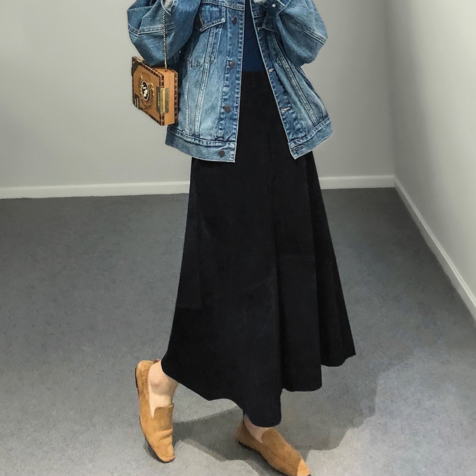 High Waist Sheepskin Suede Commute Minimalist Overknee Long Skirt - enhanced image 3