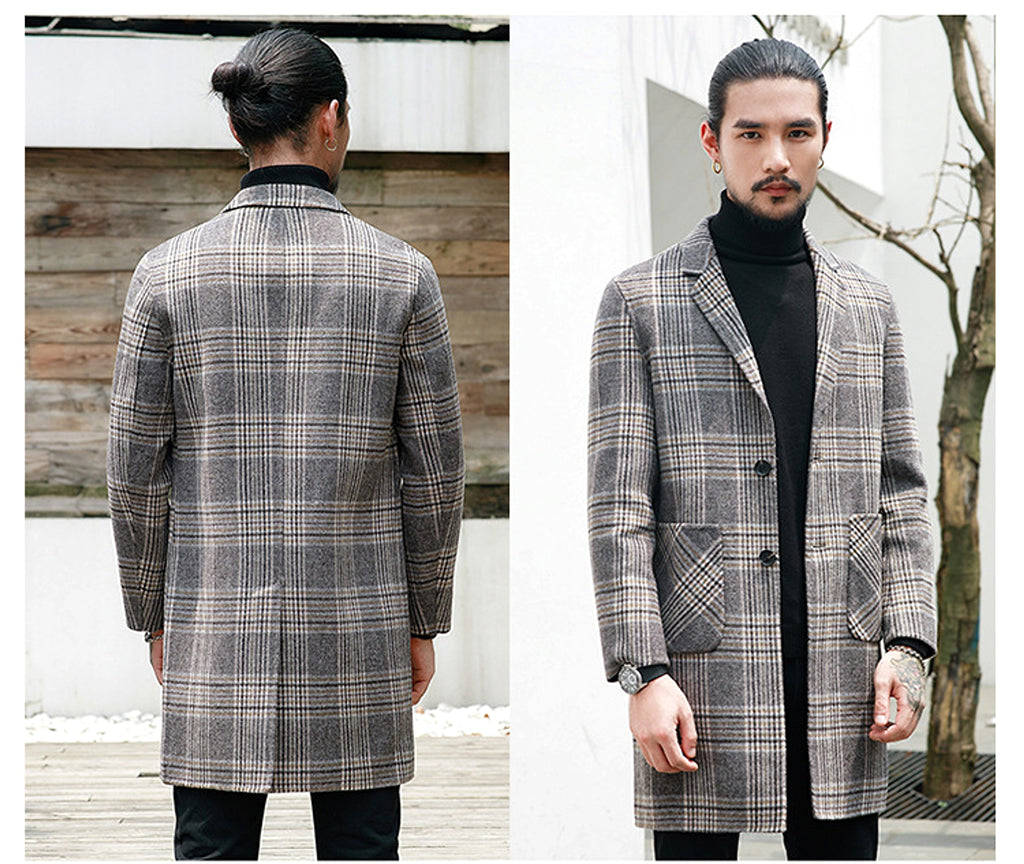 Houndstooth reversible men's plaid woolen trench coat - enhanced image 3