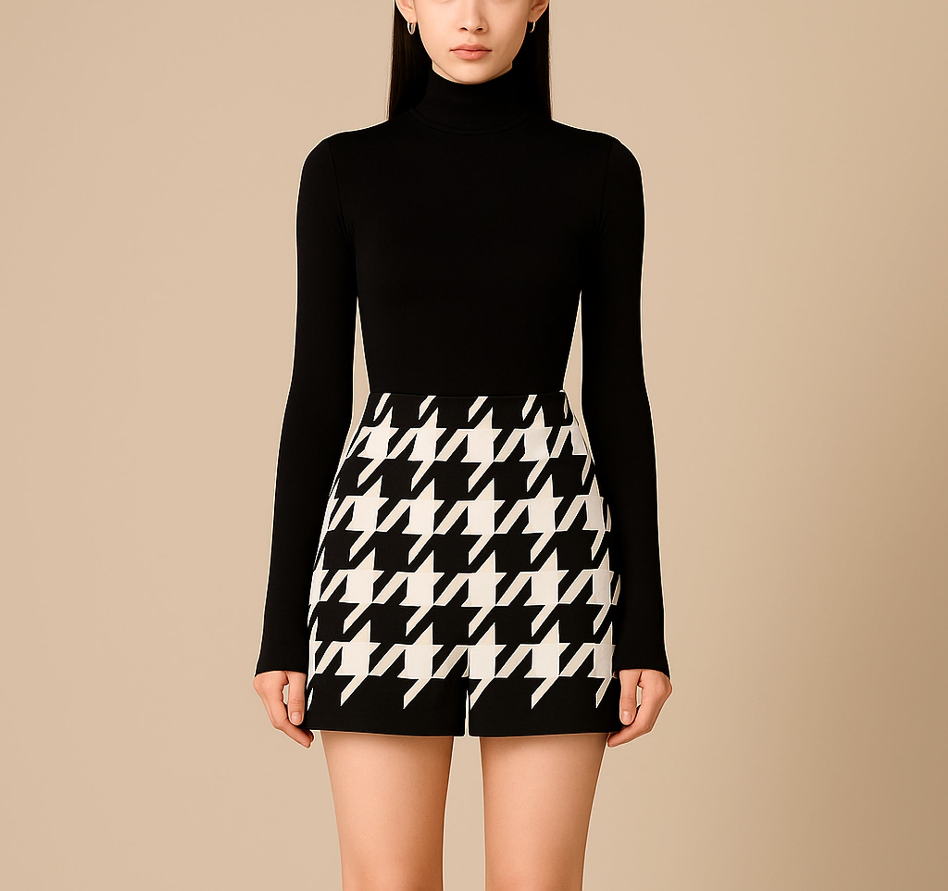 Houndstooth Woolen Cape Coat & Shorts – Elegant & Fashionable Set - enhanced image 3