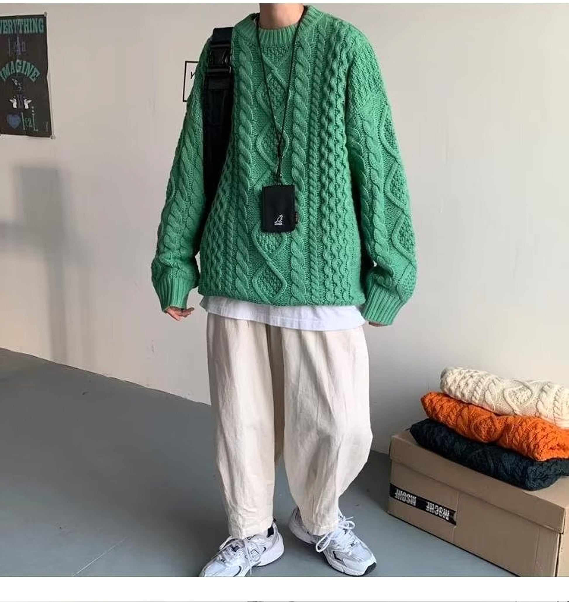 Japanese Stitching Contrast Color Cable-knit Sweater Men - enhanced image 3