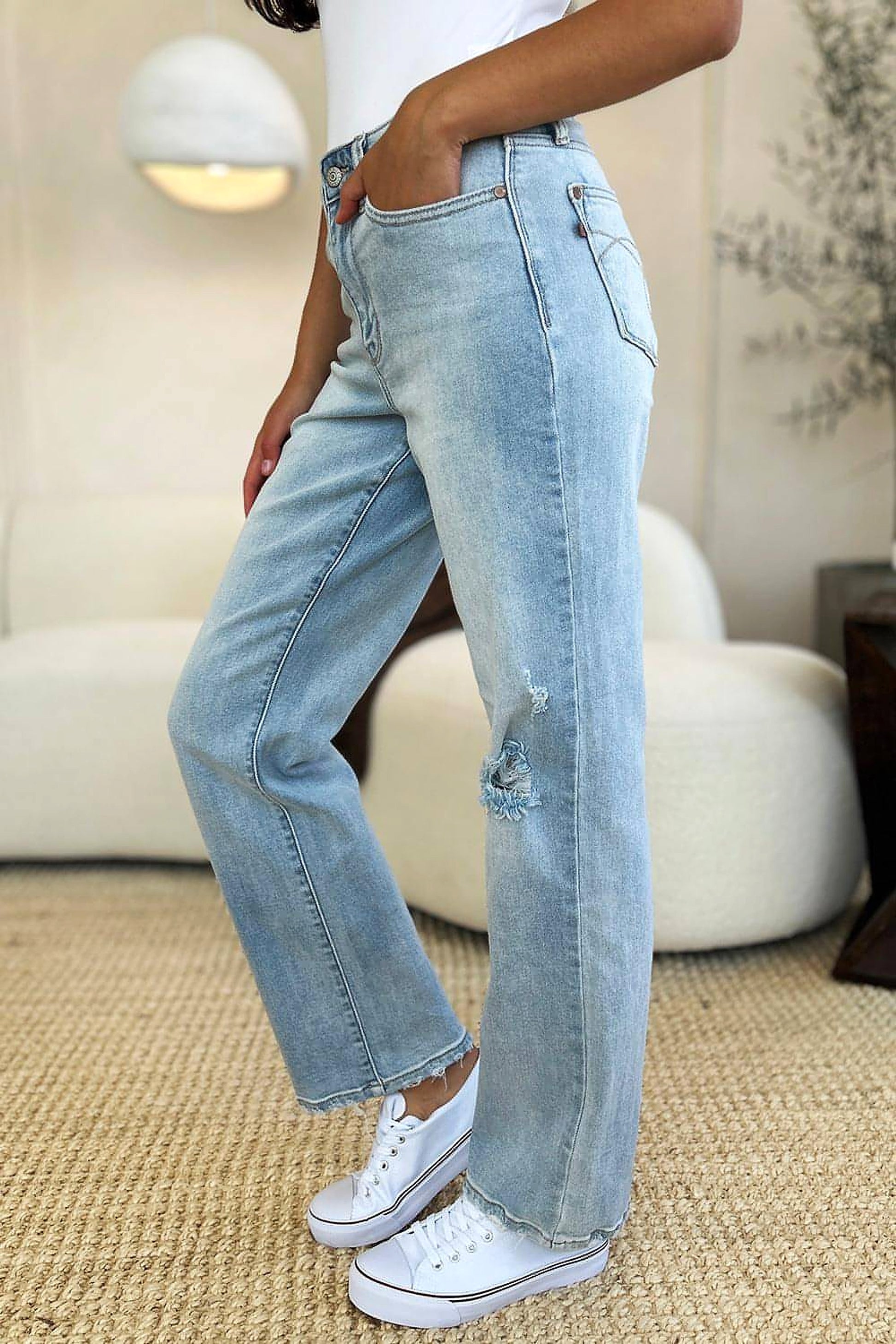 Judy Blue Full Size High Waist Distressed Straight Jeans - enhanced image 3