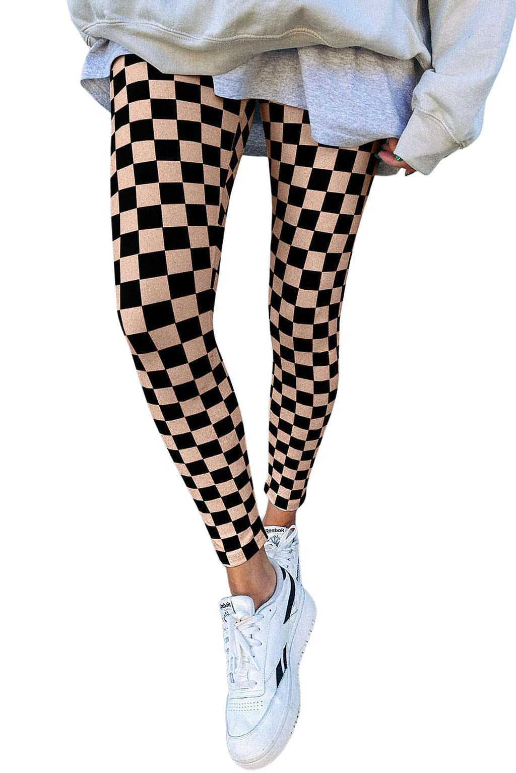 Khaki Checkered Pattern High Waist Skinny Leggings - enhanced image 3