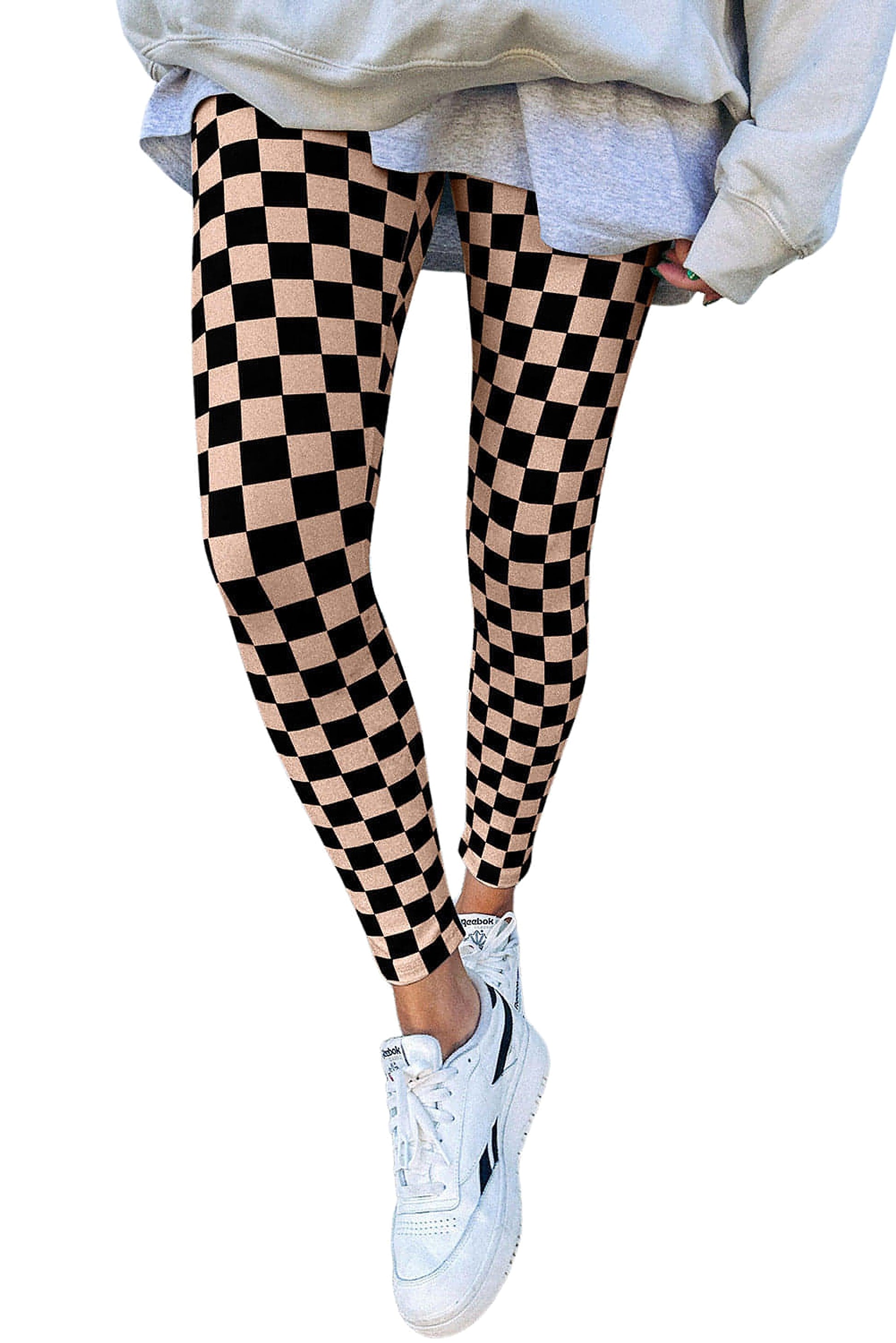 Khaki Checkered Pattern High Waist Skinny Leggings - enhanced image 3