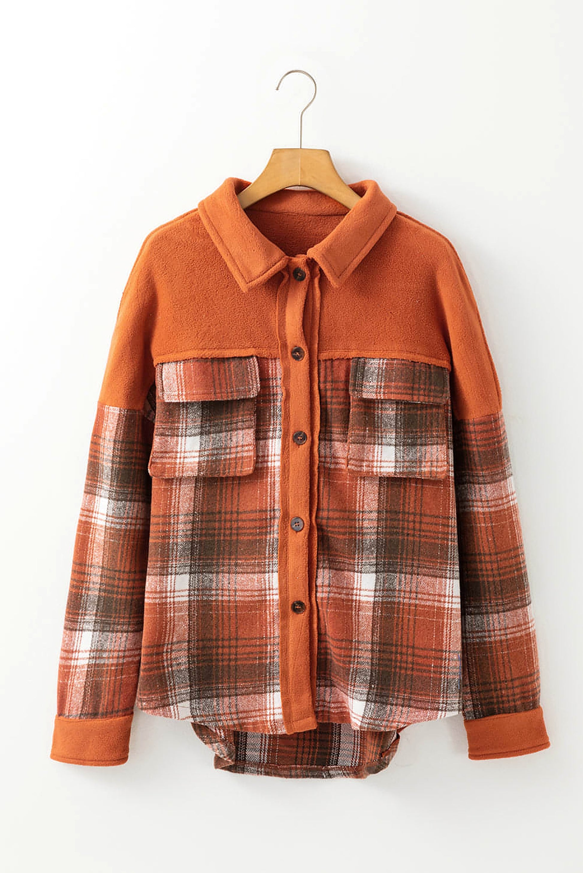 Khaki Colorblock Plaid Pattern Flap Pockets Buttoned Shacket - enhanced image 3