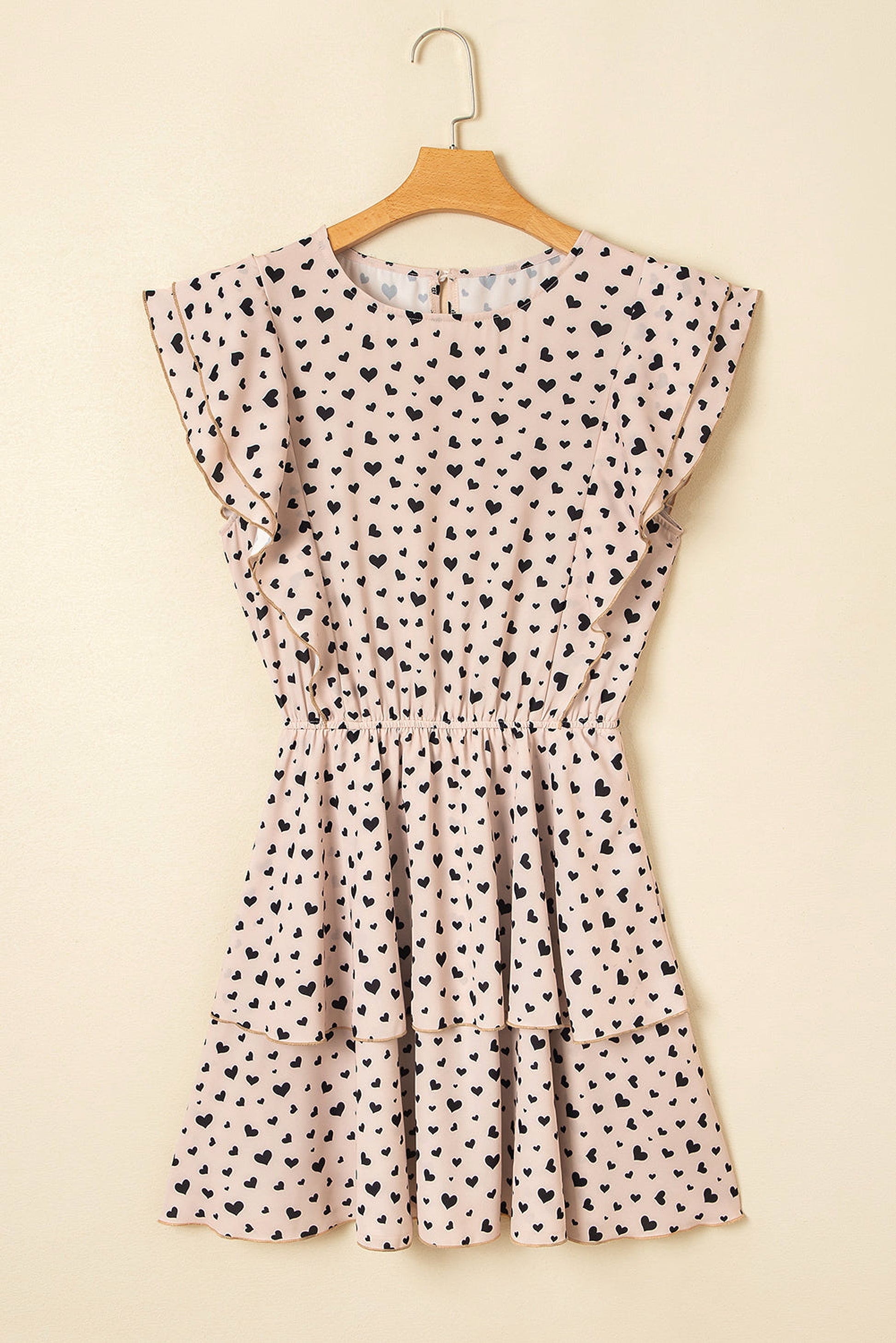 Khaki Heart Printed Flutter Sleeve Cinched Waist Tiered Ruffle Mini Dress - enhanced image 3