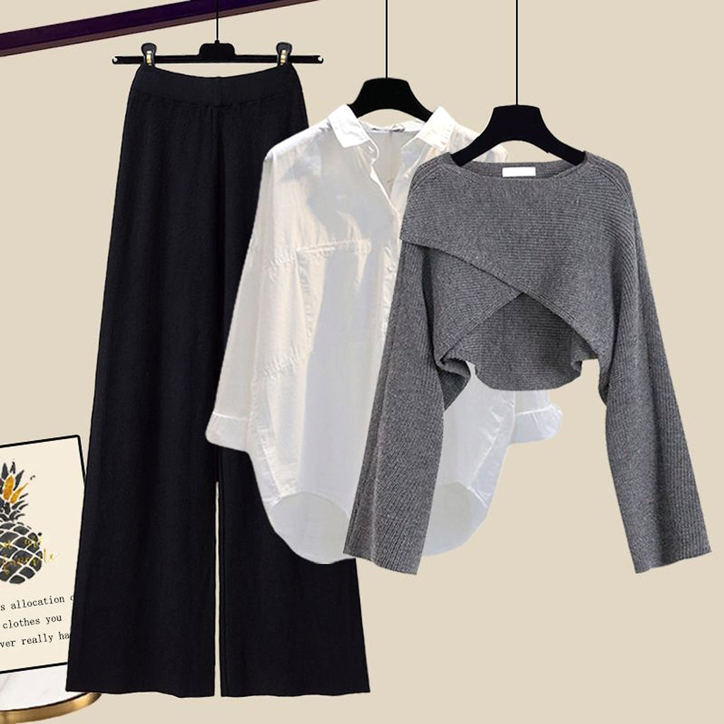 A.1 Knitted Sweater Wide Leg Pants Three-piece Set Autumn And Winter Suit Women - enhanced image 3