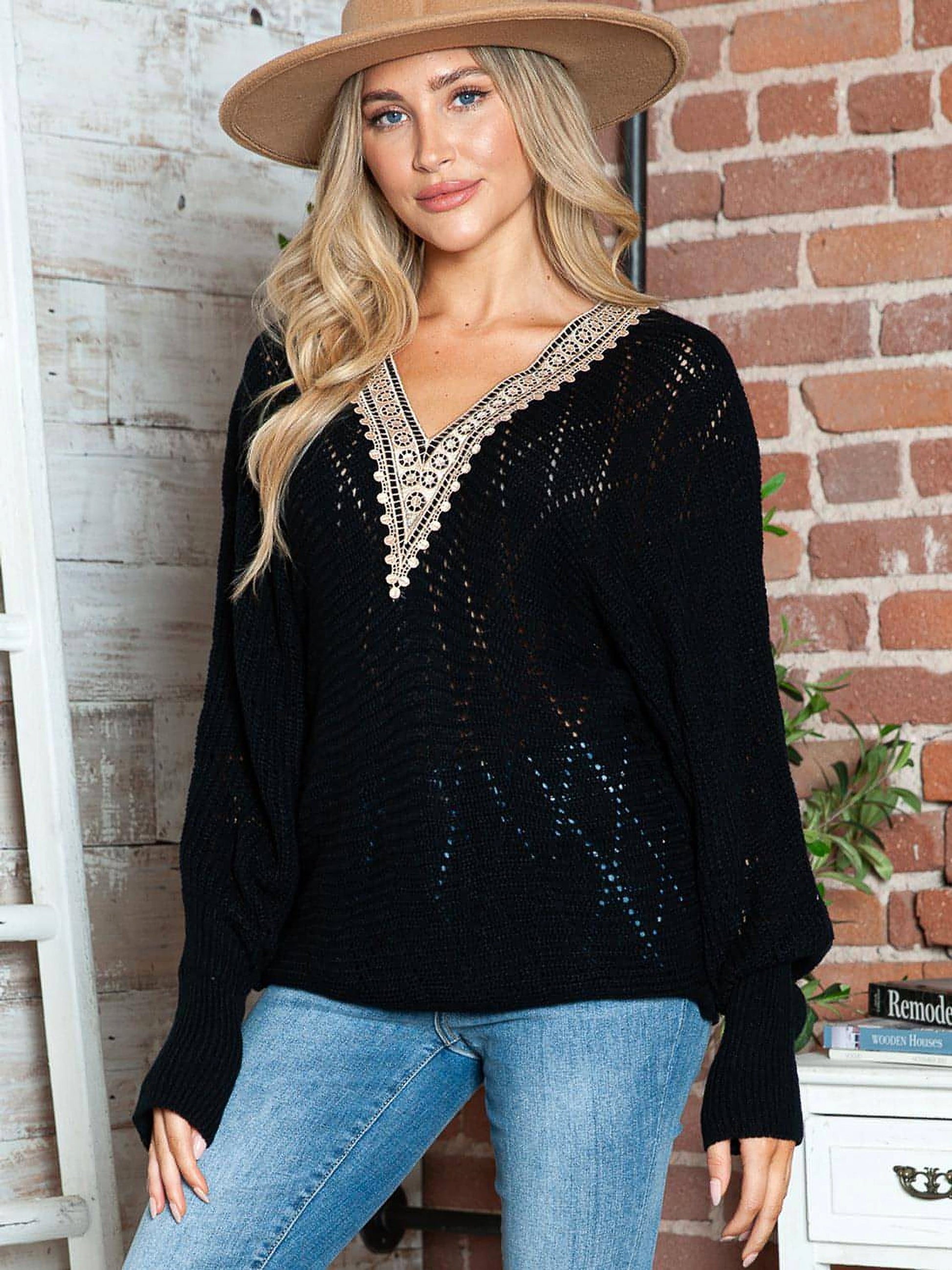 Lace Detail V-Neck Long Sleeve Sweater - enhanced image 3