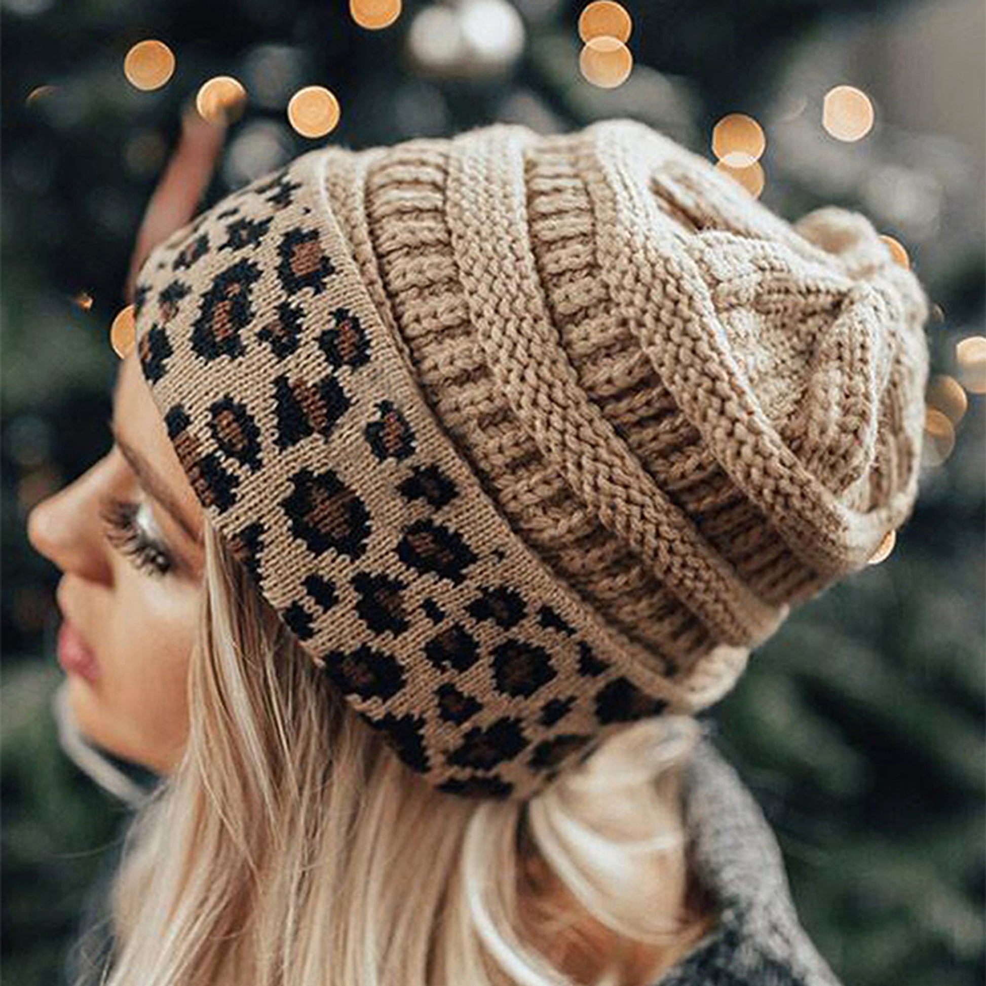 Ladies Autumn Winter Leopard Print Cuffed Acrylic Knitted Hat - enhanced image 3