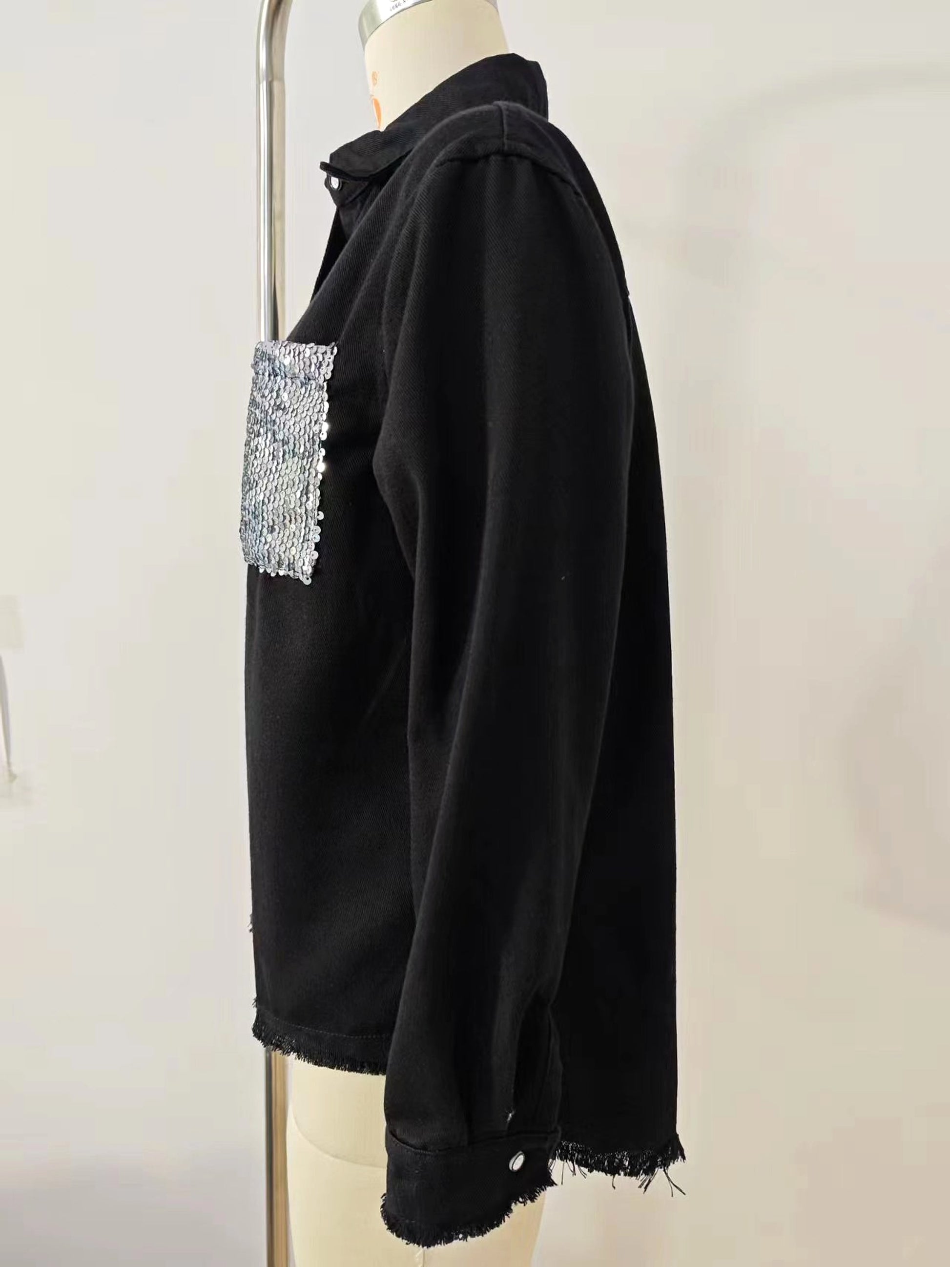Lapel Denim DressShirt With Sequined Pockets Women - enhanced image 3