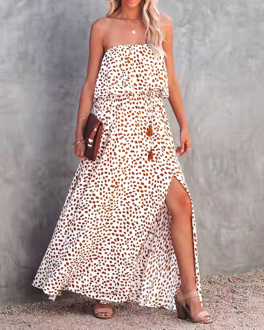 Leopard Print Floral-print Off-shoulder Ruffled Slit Dress - enhanced image 3