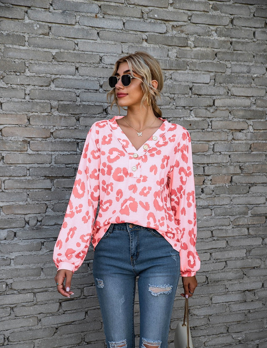 Leopard Print Printed V-neck Off-the-shoulder Long Sleeve T-shirt Women - enhanced image 3