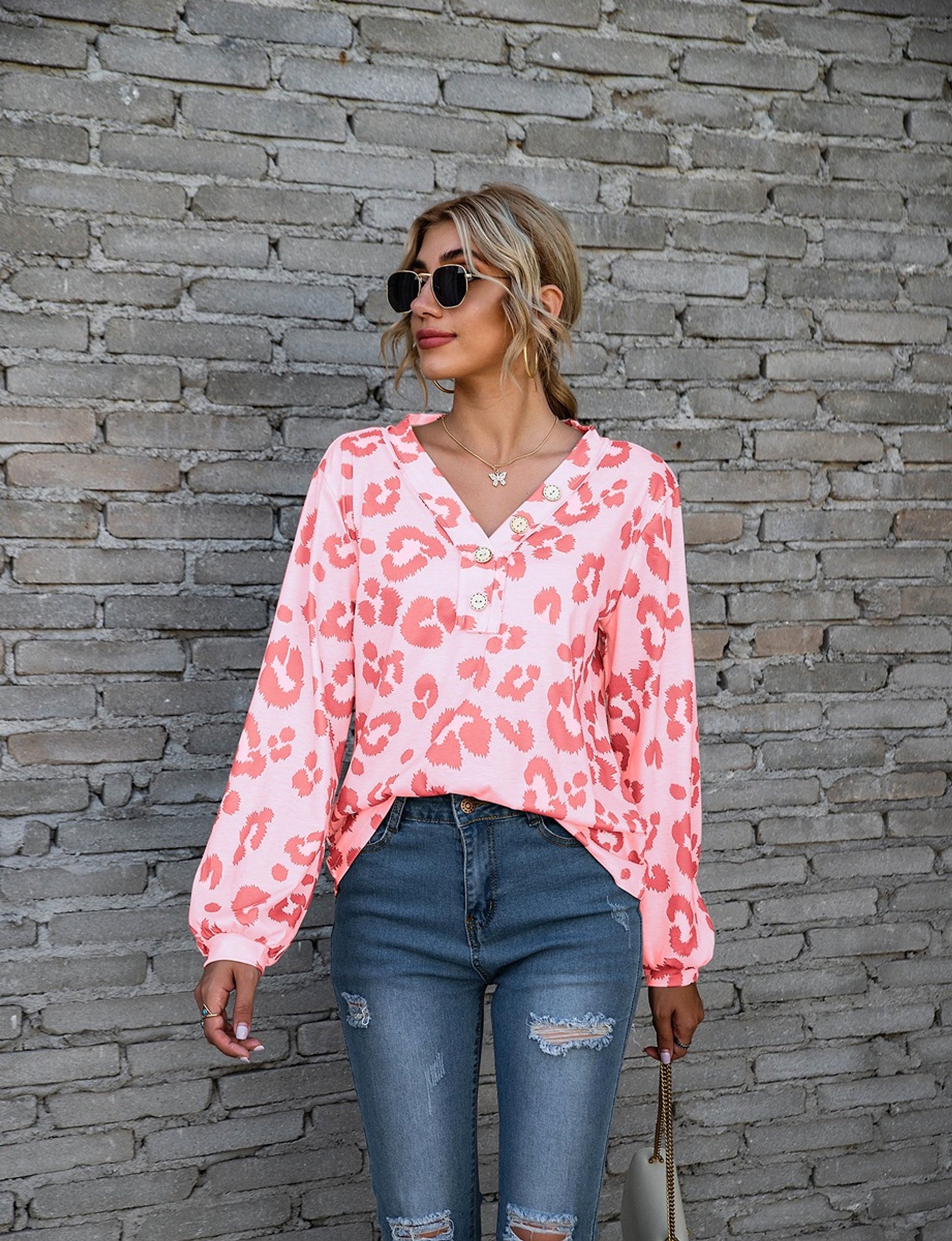 Leopard Print Printed V-neck Off-the-shoulder Long Sleeve T-shirt Women - enhanced image 3