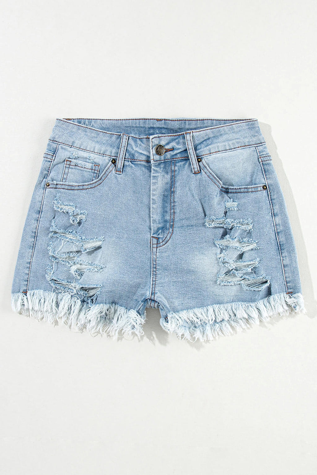 Light Blue Distressed Ripped Raw Hem High Waist Denim Shorts - enhanced image 3
