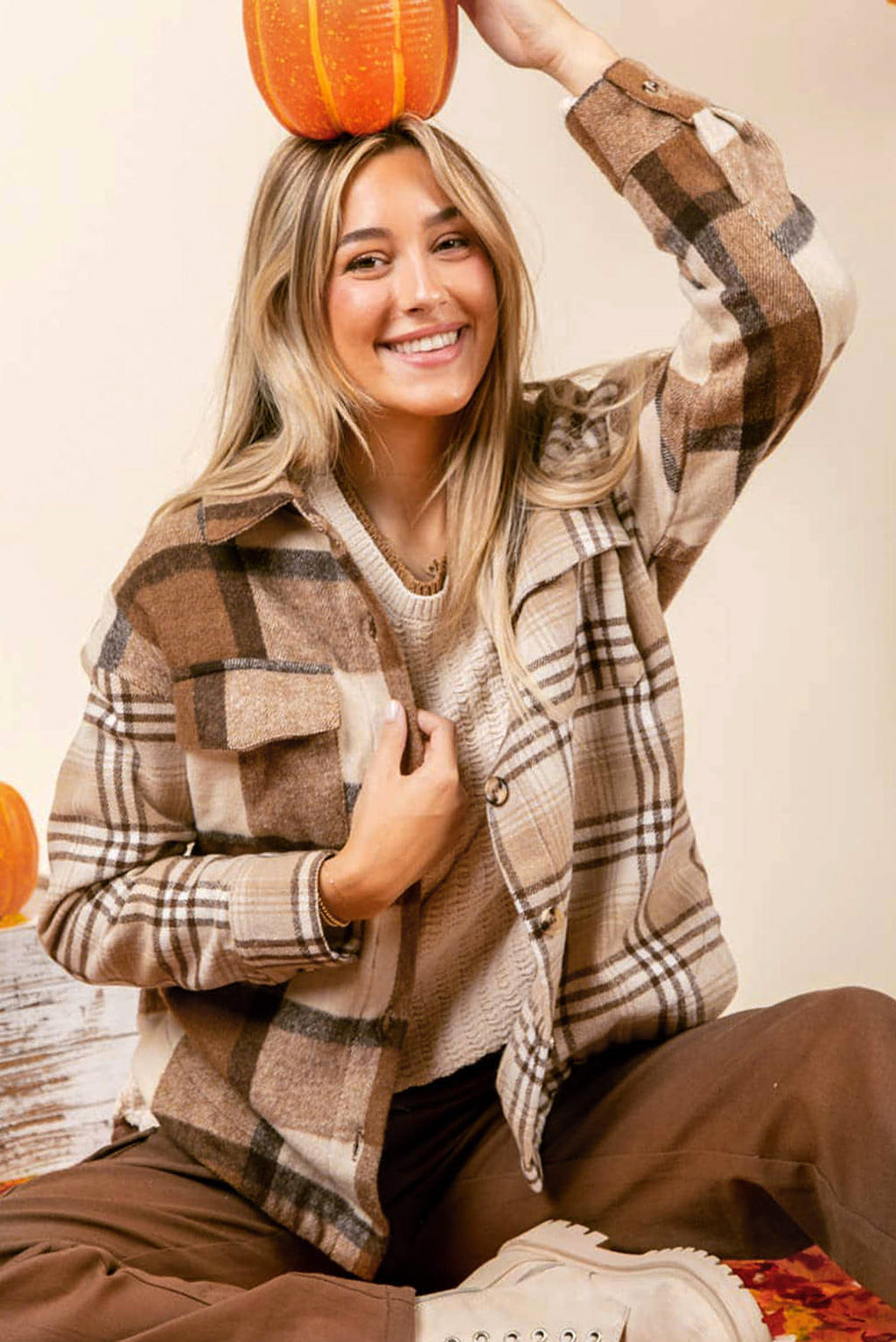 Light French Beige Flannel Plaid Double Flap Pocket Shacket - enhanced image 3