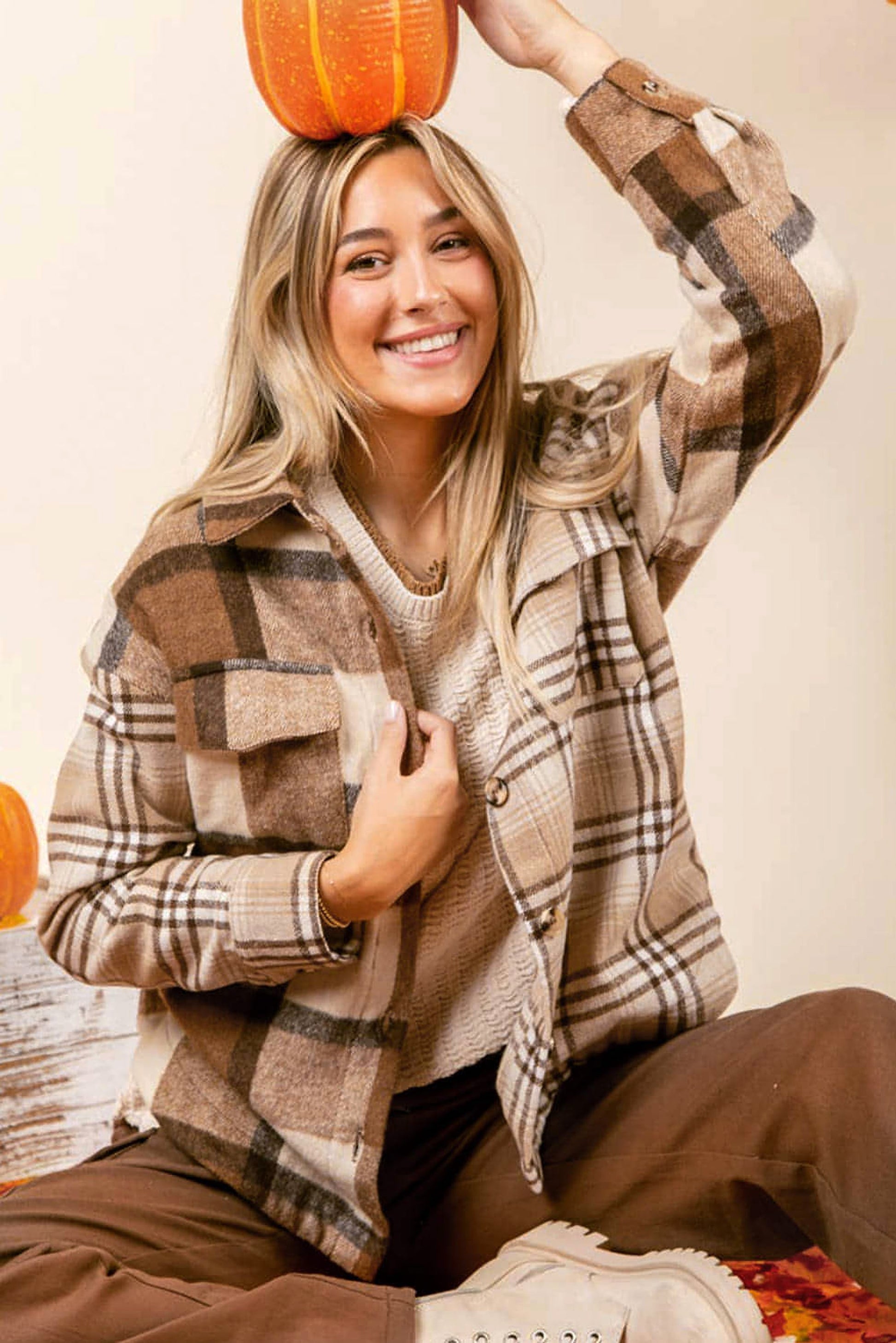 Light French Beige Flannel Plaid Double Flap Pocket Shacket - enhanced image 3