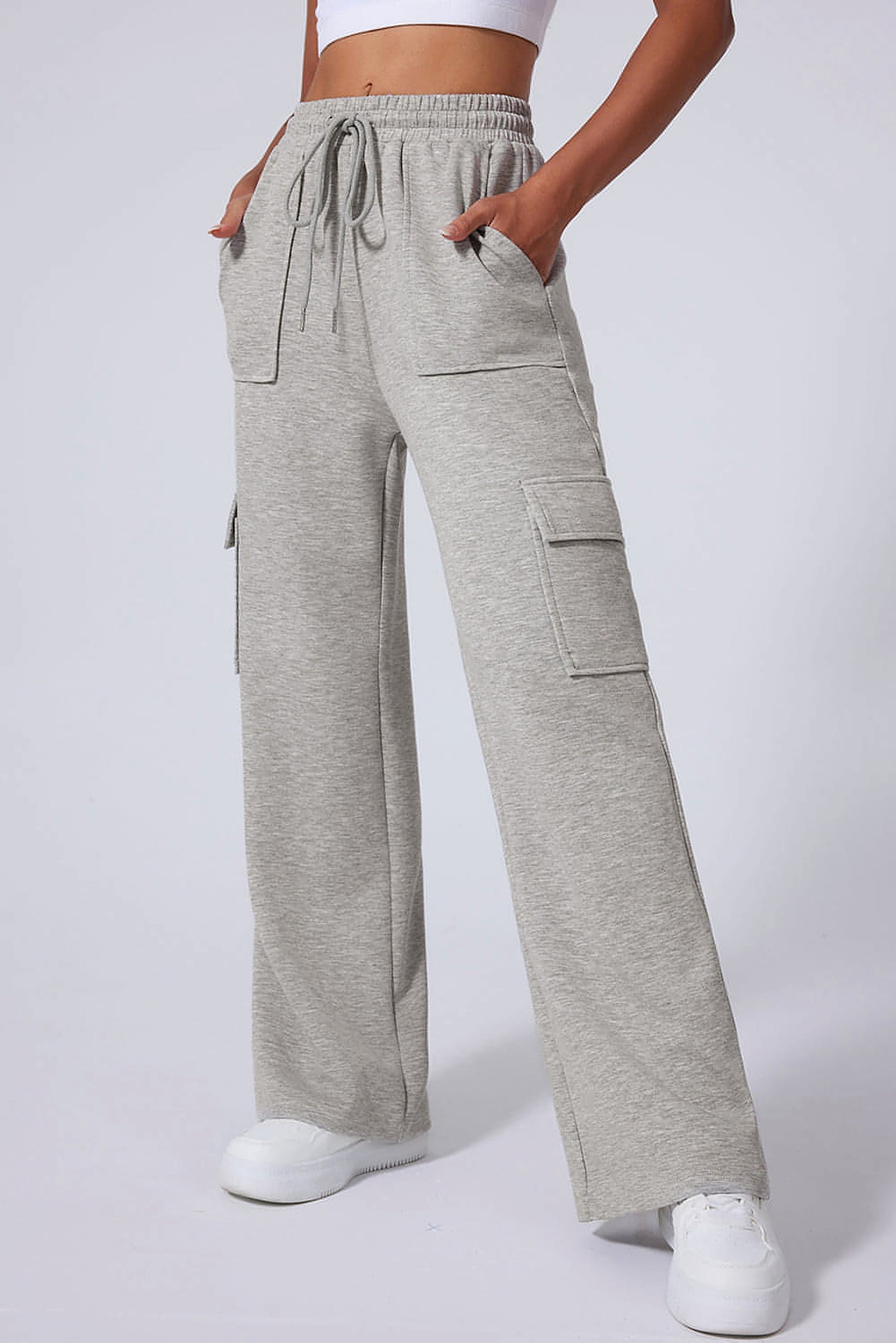 Light Grey Multi Pockets Lace-up High Waist Wide Leg Workout Pants - enhanced image 3