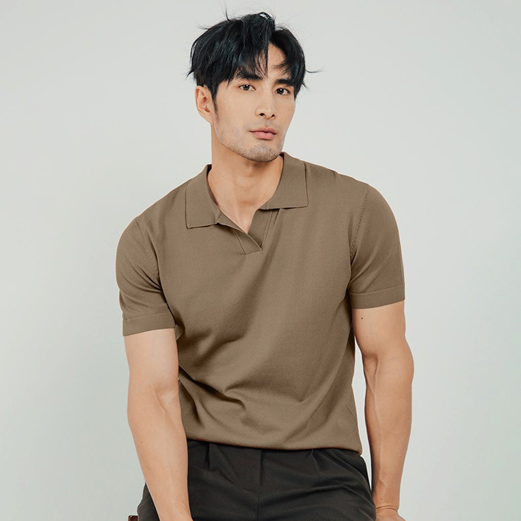 Lightly Mature Men's Lapel Knitted Polo Shirt Solid Color Short Sleeve T-Shirt - enhanced image 3