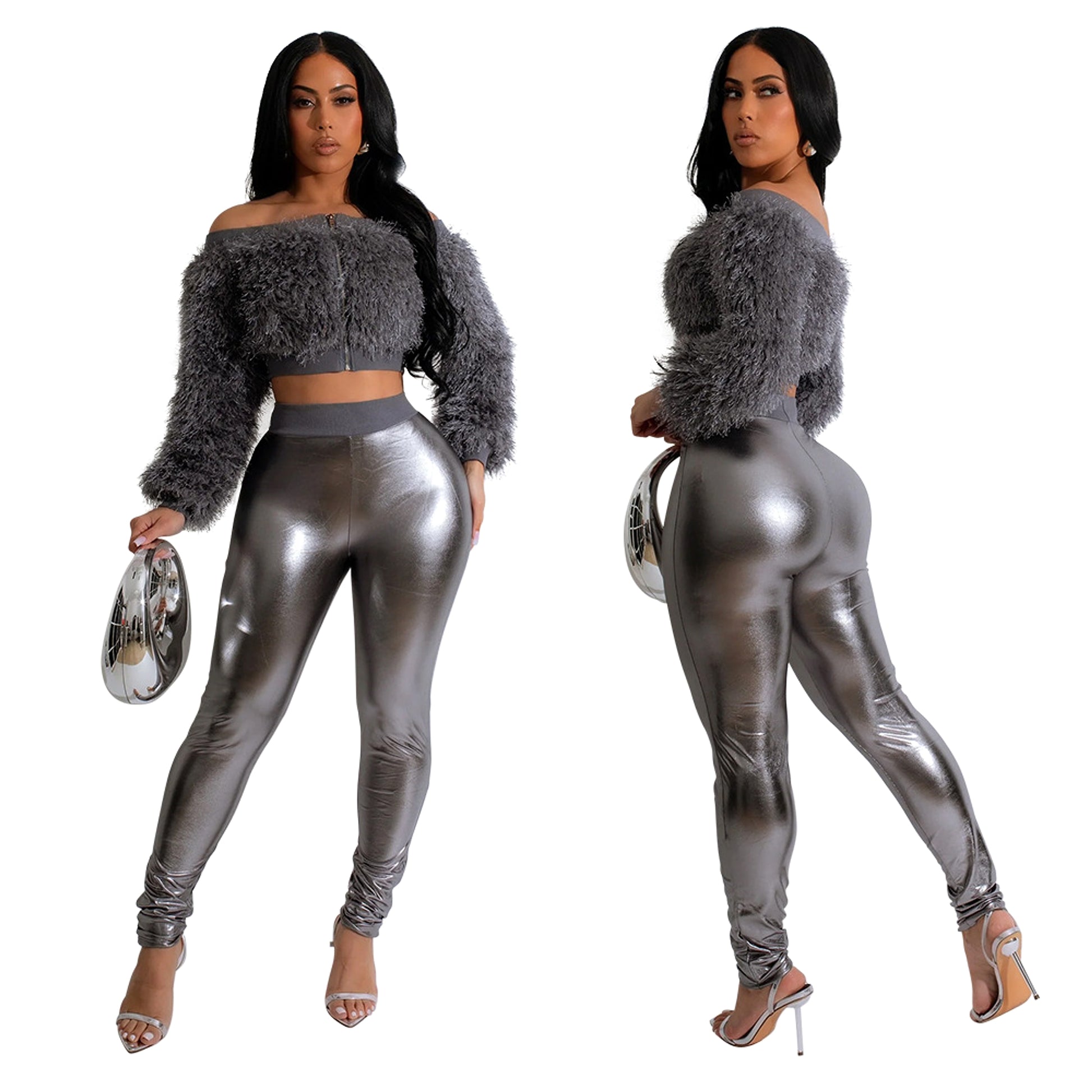 Long Sleeve Furry Short Top With Slim Trousers Two-piece Set For Women - enhanced image 3