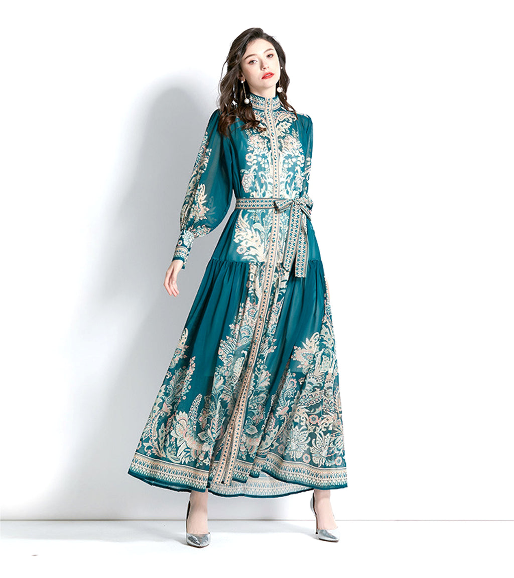 Long Sleeve Stand-up Collar Puff Sleeve Lace Printing Dress - enhanced image 3